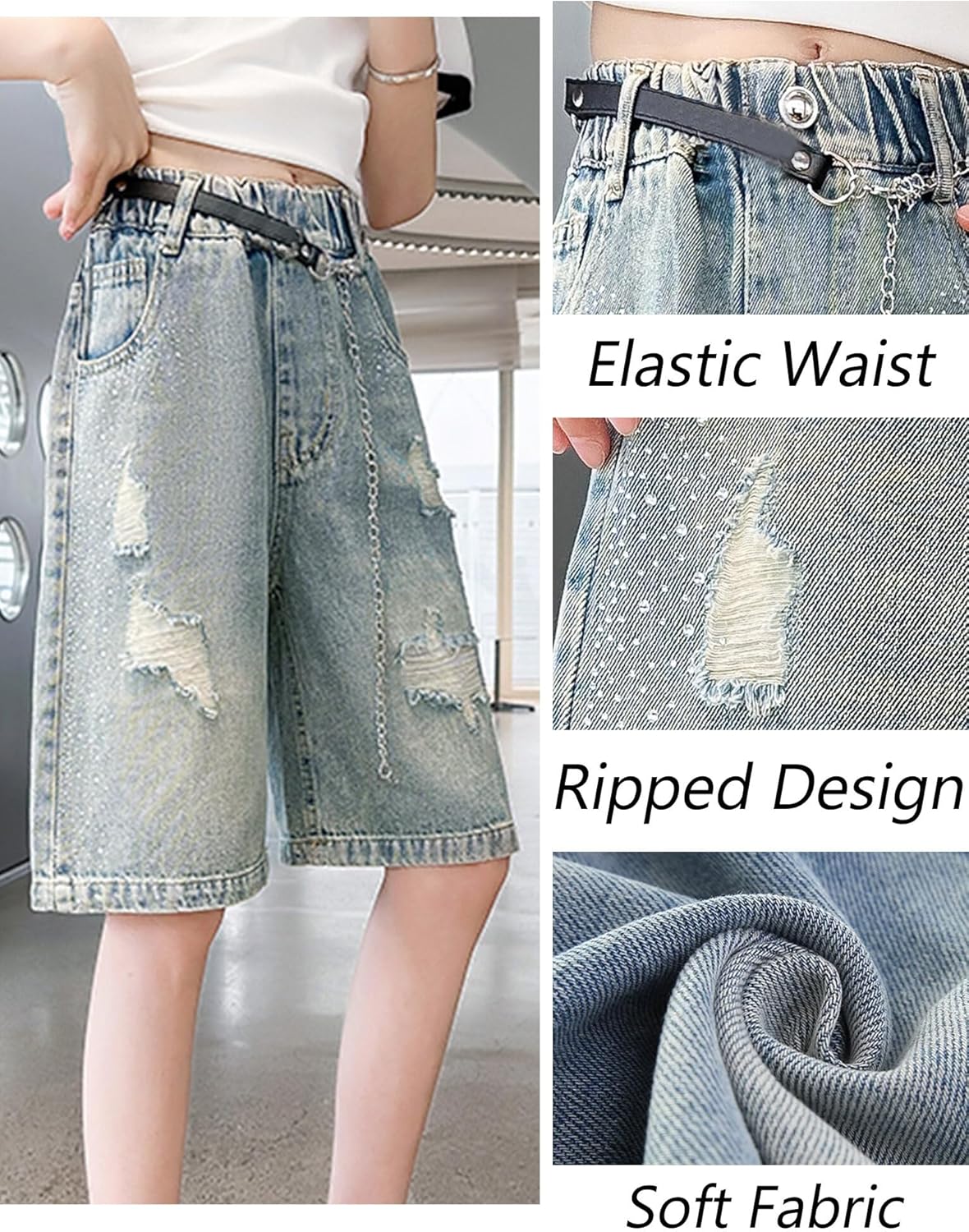 SEAUR Girls Ripped Raw Hem Denim Shorts Elastic Waist Straight Leg Jean Shorts Casual Summer Skort