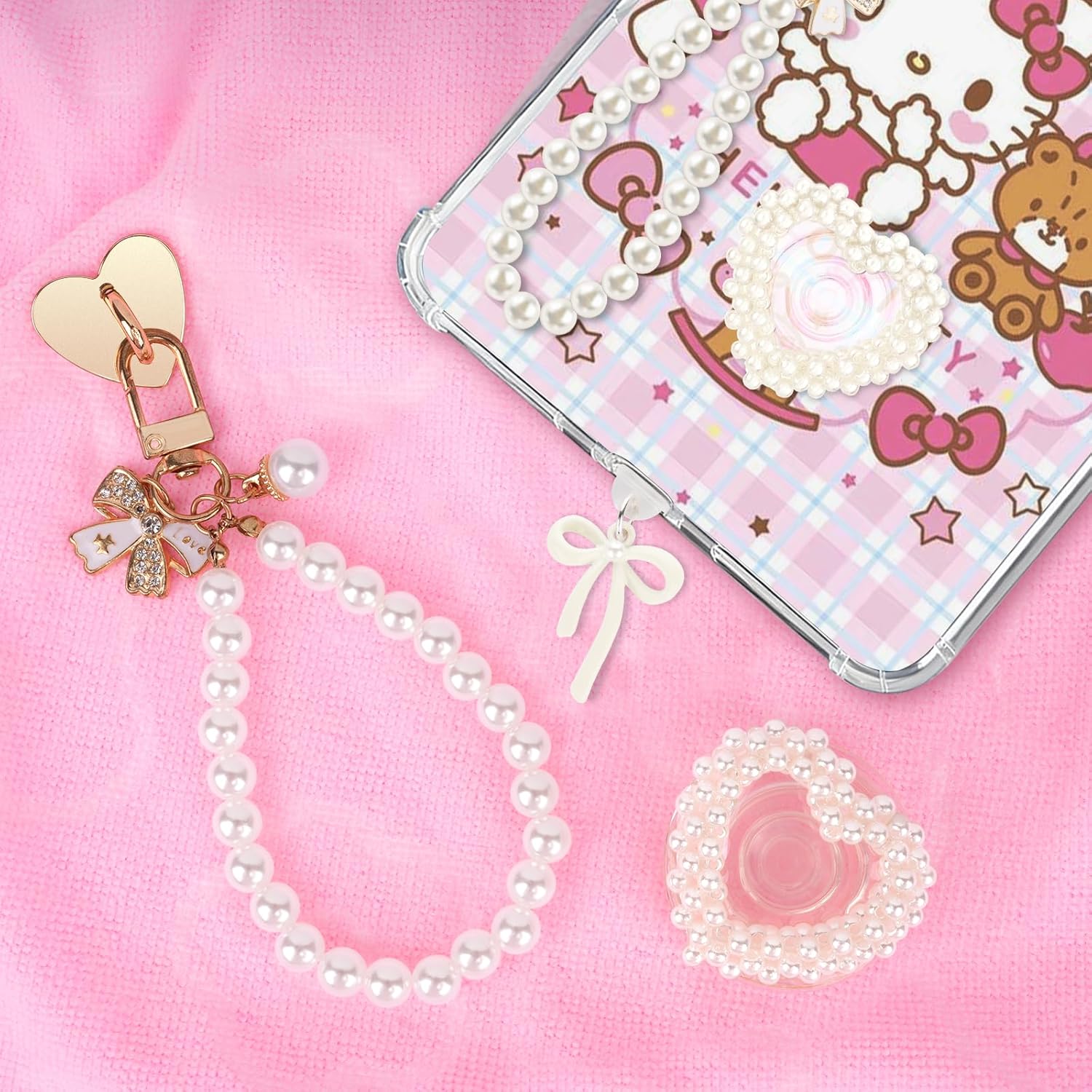 Draupnir Charm Chains Set for E-Reader, Including Butterfly Bow Dust Plug Charm USB Type C, Heart Grip Holder, Pearl Phone Keychain Bracelets Accessories for E-Reader/Phone/Paper White - Image 4