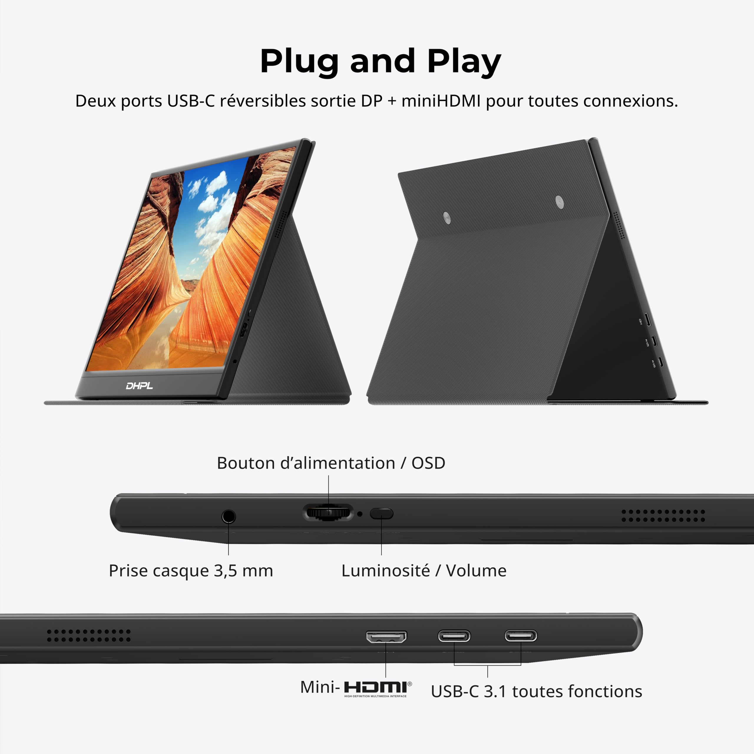 Écran Portable 15,6" IPS FHD 1080P – Écran d'extension USB-C/Mini HDMI, Housse Intelligente + Haut-parleurs intégrés, Compatible Ordinateur Portable, PC, Mac, PS5, Xbox, Switch