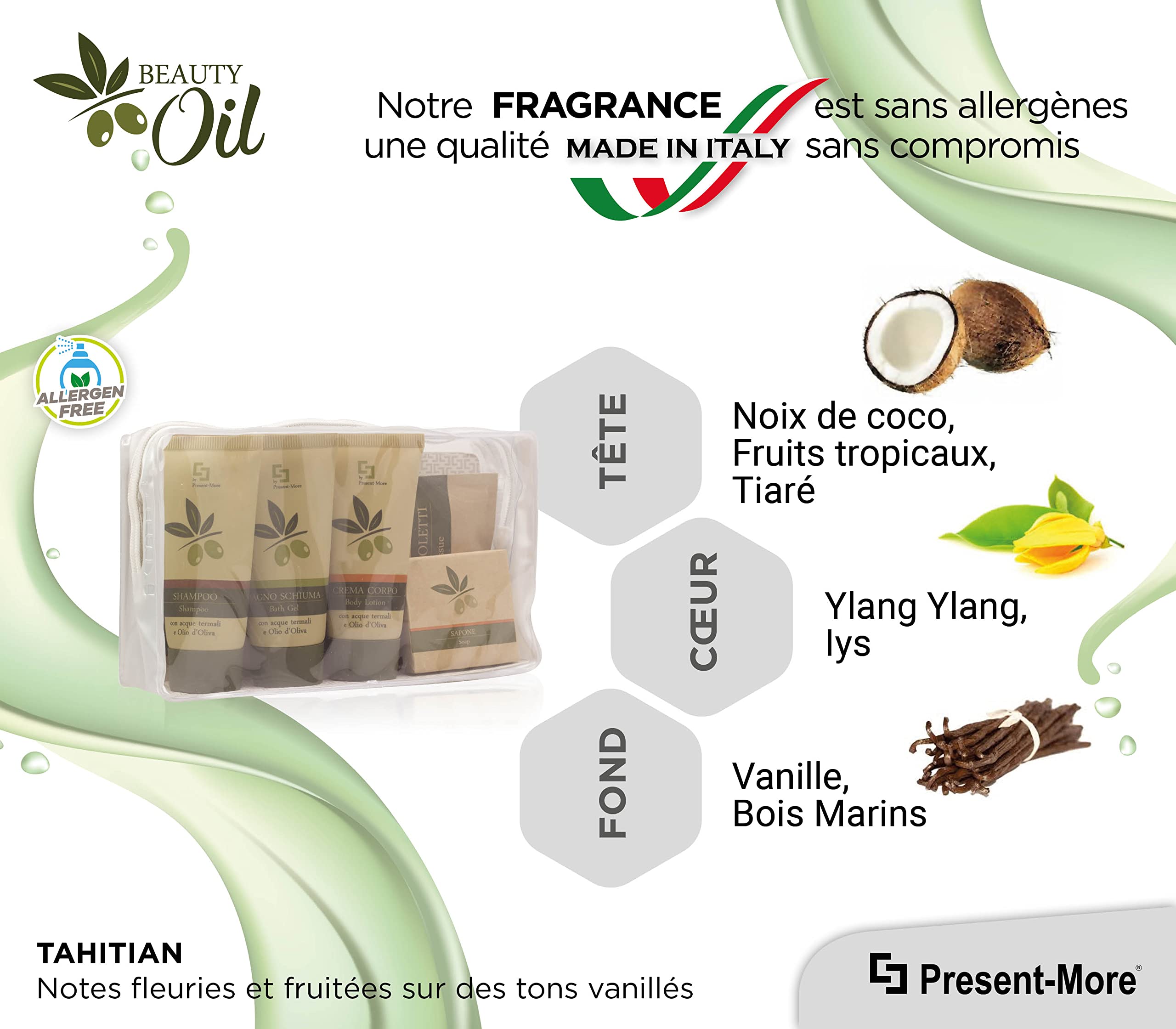 PRESENT-MORE - Kit Accueil 24 Invités Beauty Oil - Parfum Tahitian - Contenu: Shampooing, Gel Douche, Crème, Savon et Accessoires - Made in Italy - Pour Hôtels et B&B