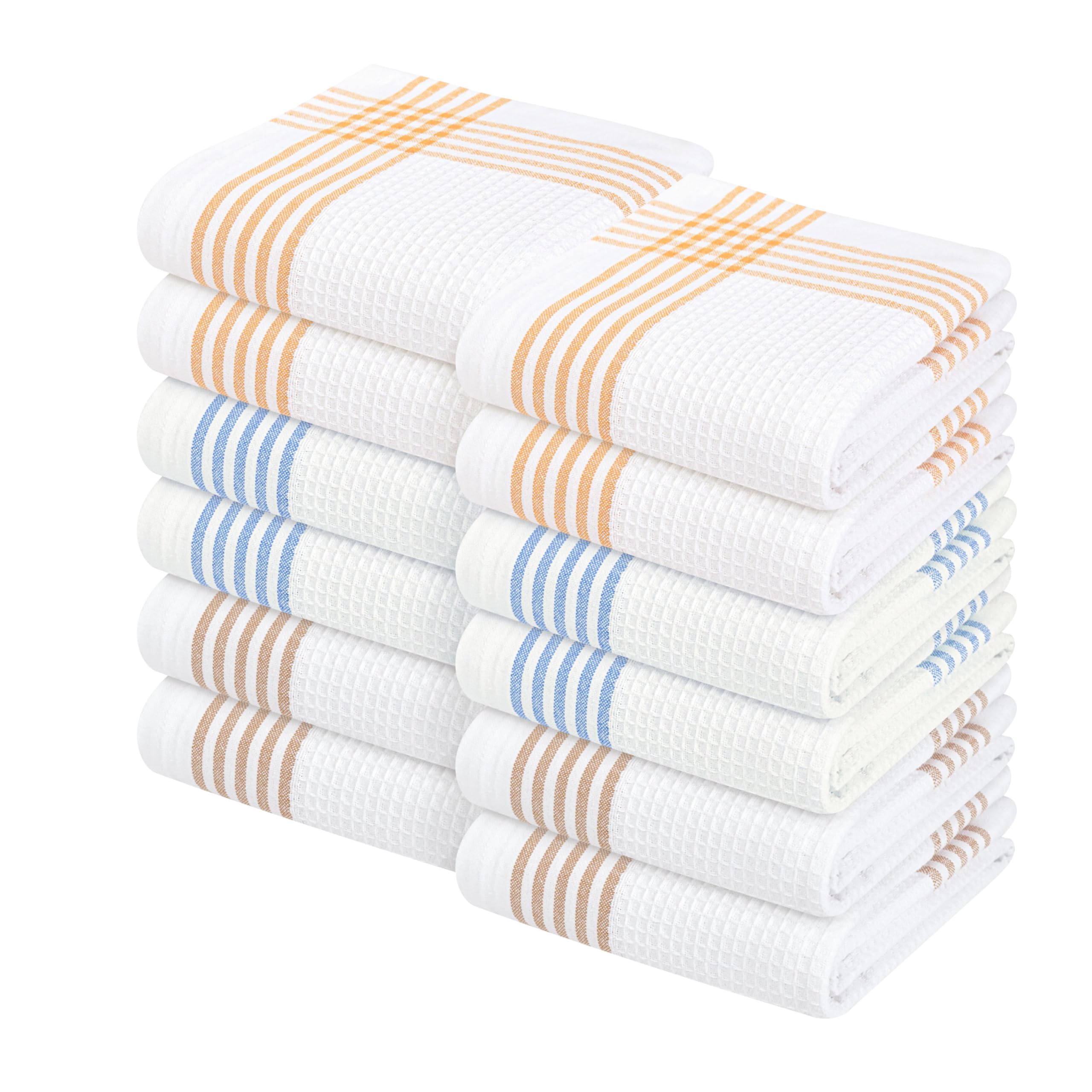 Waffle White &amp; Multi Colors Kitchen Towels Set of 12, 100% Cotton, 16x26 inches, Durable Dish Towel, Quick Dry Dishcloths, Ideal for Drying, Wiping - Mustard Yellow, Sky Blue, Brown