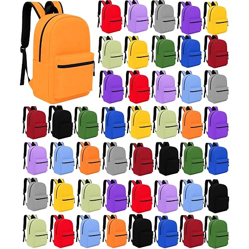 Winterlace 48 Pack Backpack, Bulk 17 inch Outdoor Travel Zippered Bags Bulk Pack School Children Adults Events (Assorted Colors)