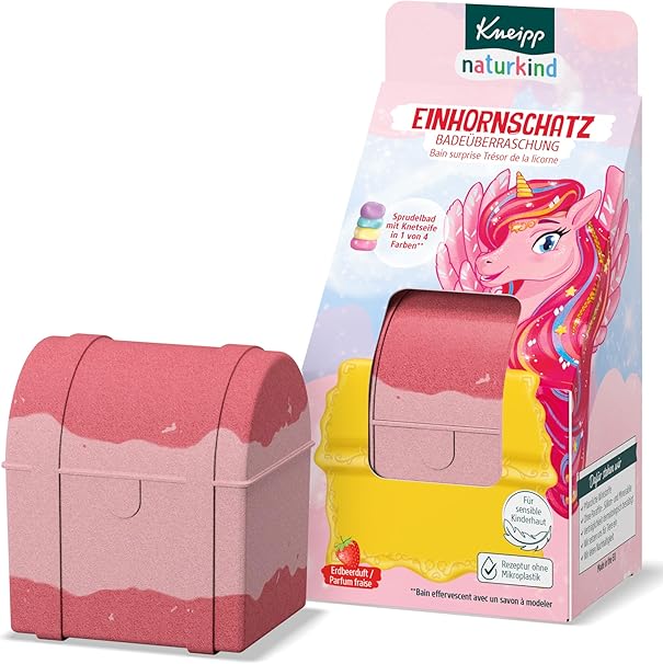 Kneipp naturkind Badeüberraschung Einnhornschatz – Sprudelnde Badekugel für Kinder mit Überraschung – Badespass Einhorn Badeüberraschung Schatzkiste mit Knetseife zum Spielen und Reinigen – 1 Stück