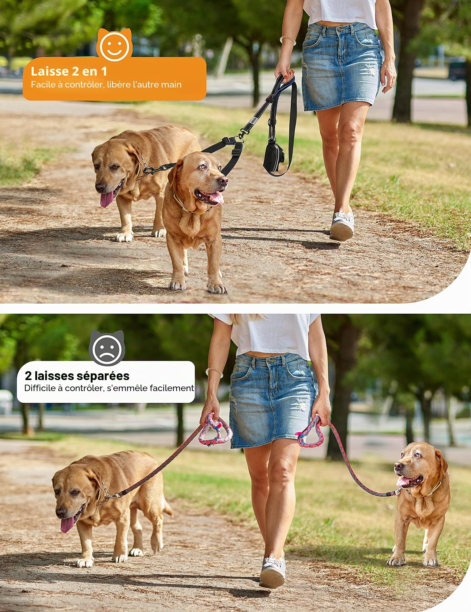 YOUTHINK Laisse Double pour 2 Chiens, Laisse de Dressage Réglable, Élastique 2m Réfléchissant en Nylon, 360º sans Enchevêtrement