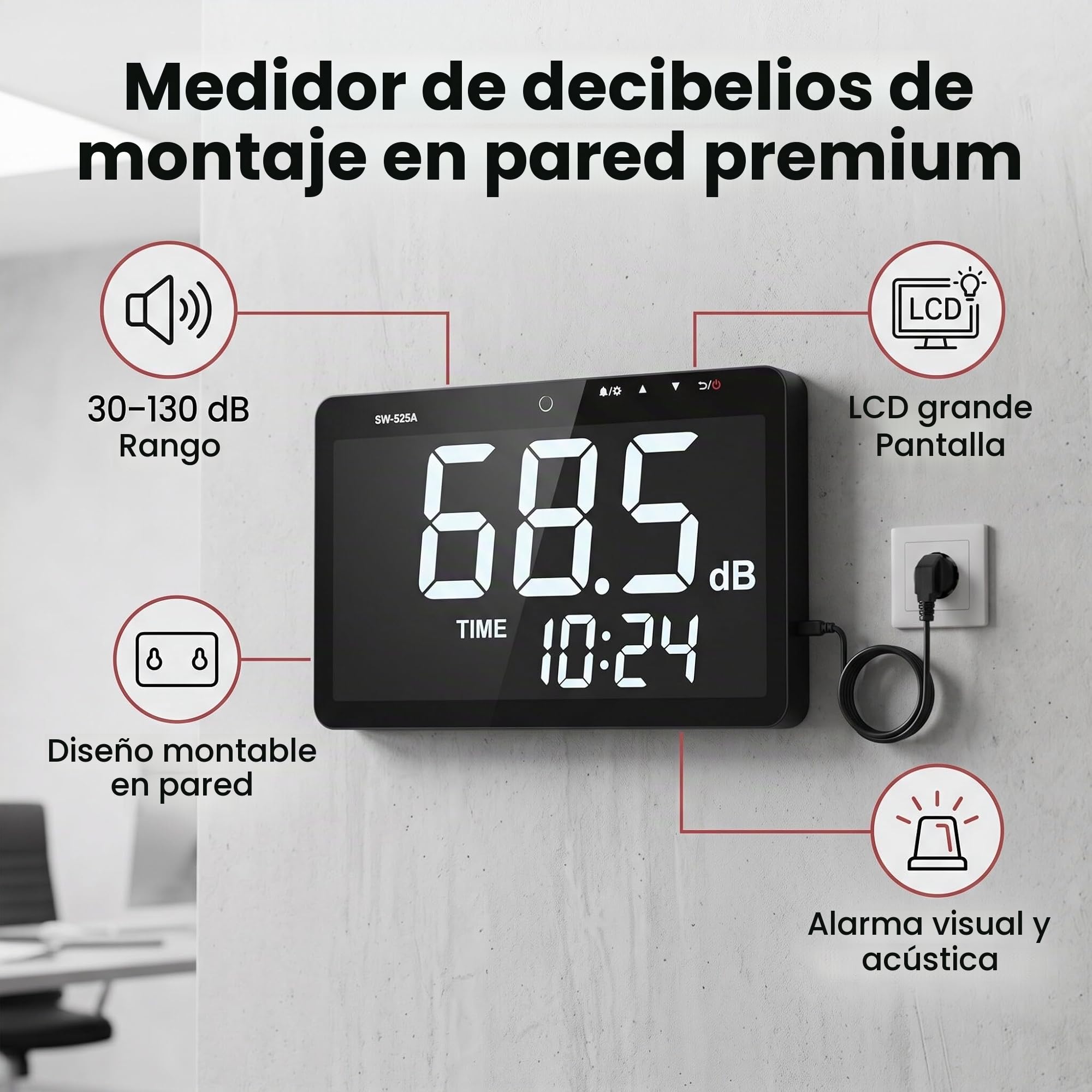Medidor de Nivel de Sonido de 30~130 DB, Pantalla LCD Grande de 9,6 Pulgadas, Probador de Medición de Ruido de Decibelios para Colgar en la Pared con Registrador de Datos y Alarma