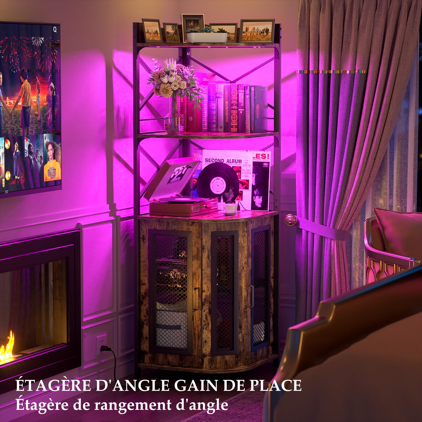iSunirm Meuble Bar d'angle avec Prise électrique, Meuble à vin Industriel avec Bande LED et Porte-Verres, à liqueurs à 5 Niveaux pour la Maison, vitrine d'angle pour Petits espaces, Marron