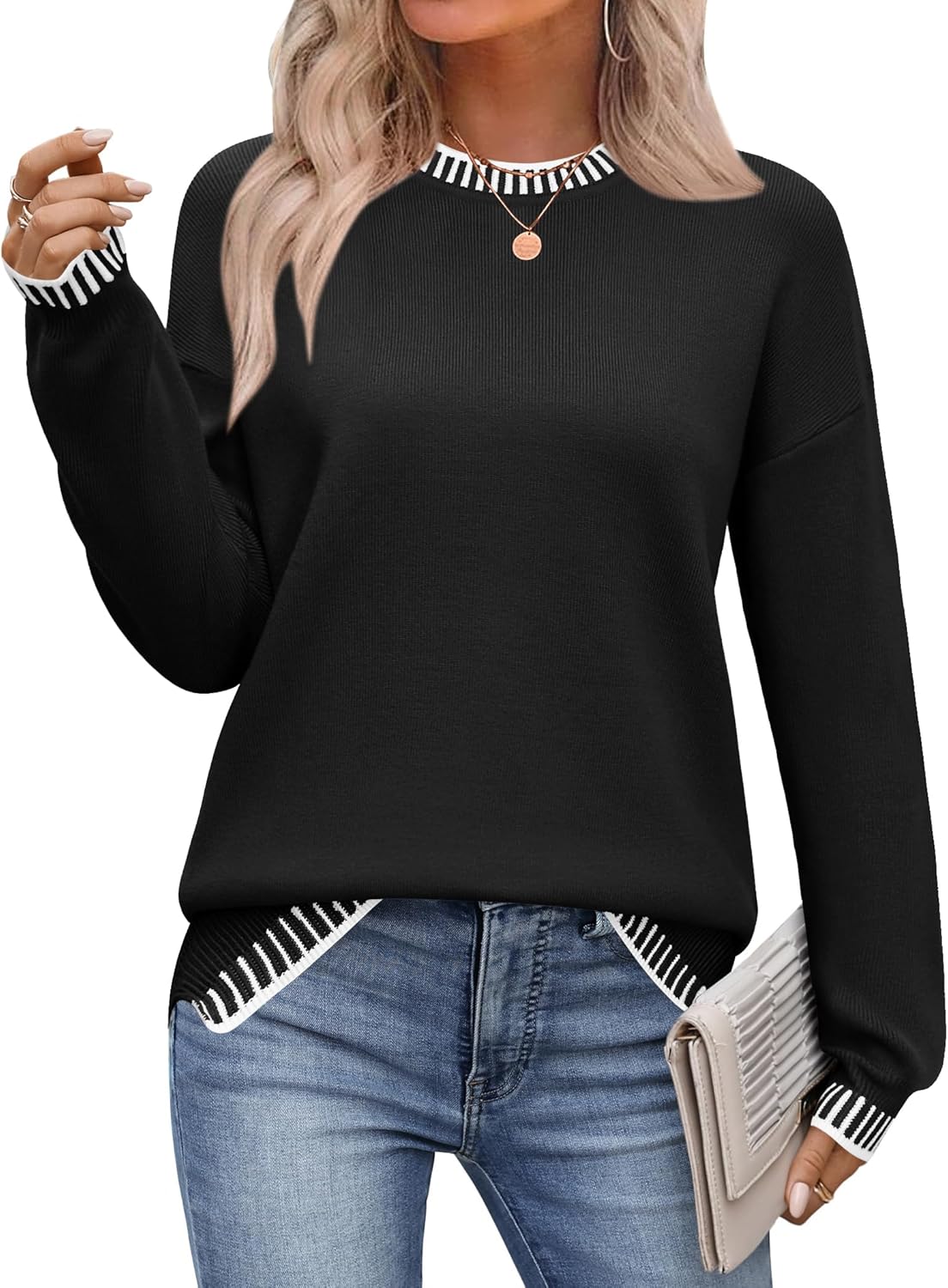 Zeagoo Womens Crewneck Pullover Sweater Long Sleeve Knit Side Slit 2025 Fall Winter Sweater Tops