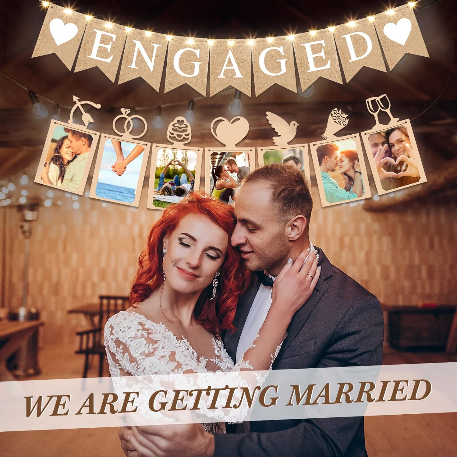 2 Pieces Engaged Banner and Photo Banner with String Lights Engagement Party Decorations Burlap Romantic Engaged Sign Bunting Garland for Wedding Anniversary Bridal Shower Backdrops Photo Props