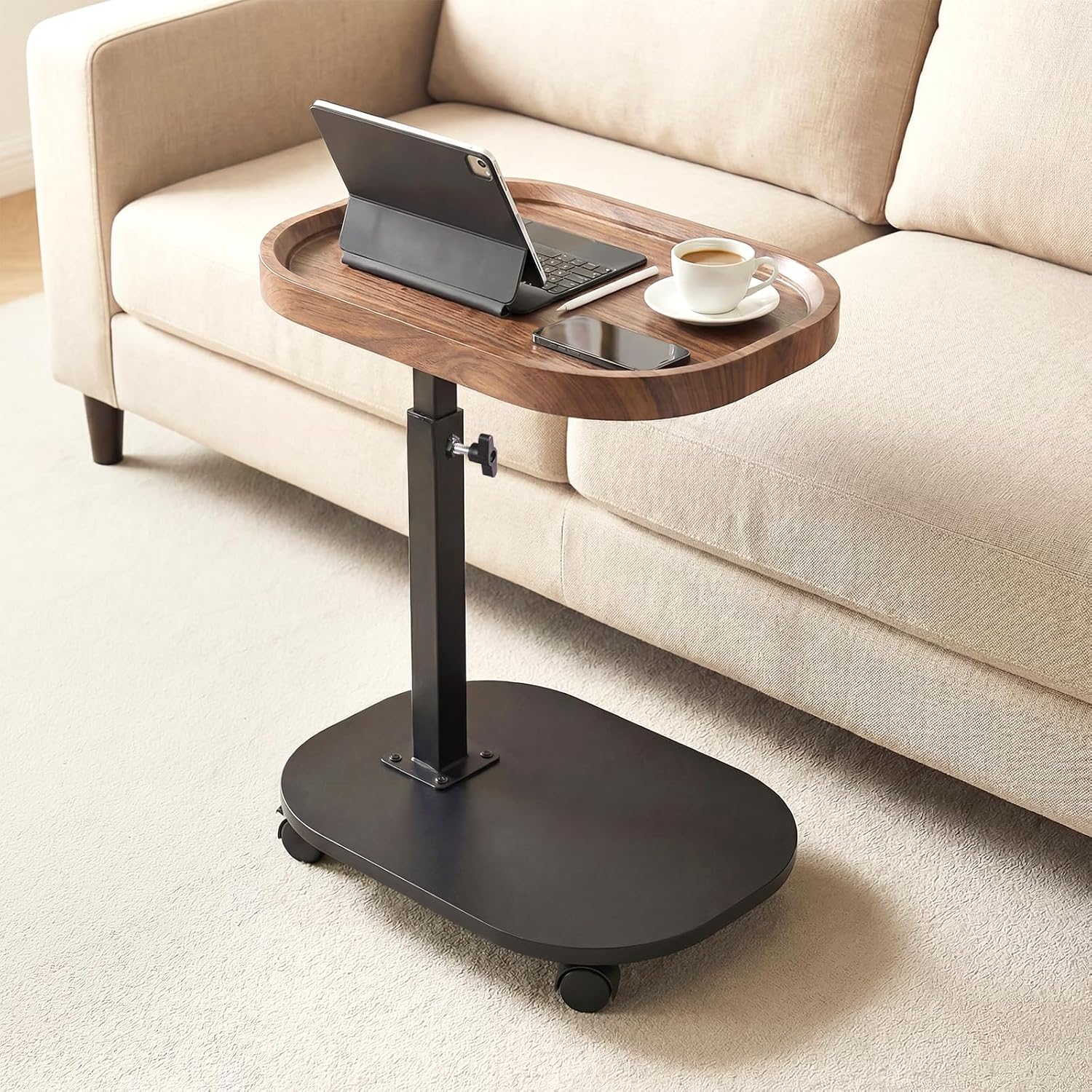 Adjustable Height TV Tray Table for Snack, Eating, Dinner or Laptop, 360°Rolling C Shaped End Table for Couch, Sofa, Chair, Bed, Perfect for Small Places, Livingroom, Bedroom