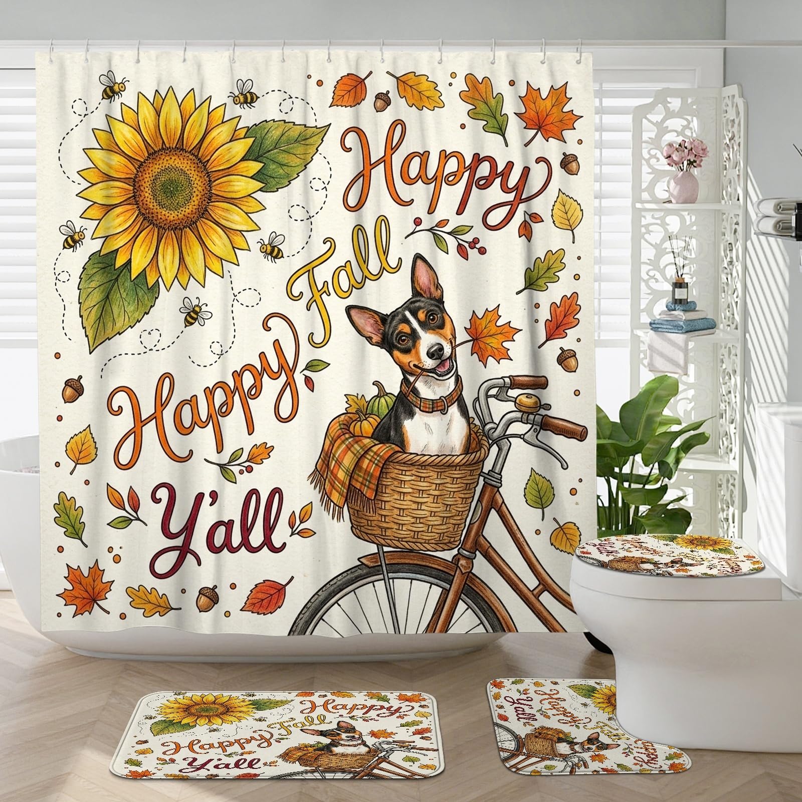 Tapis de salle de bain Basenji lot de 4 avec rideau automne 183x183 cm