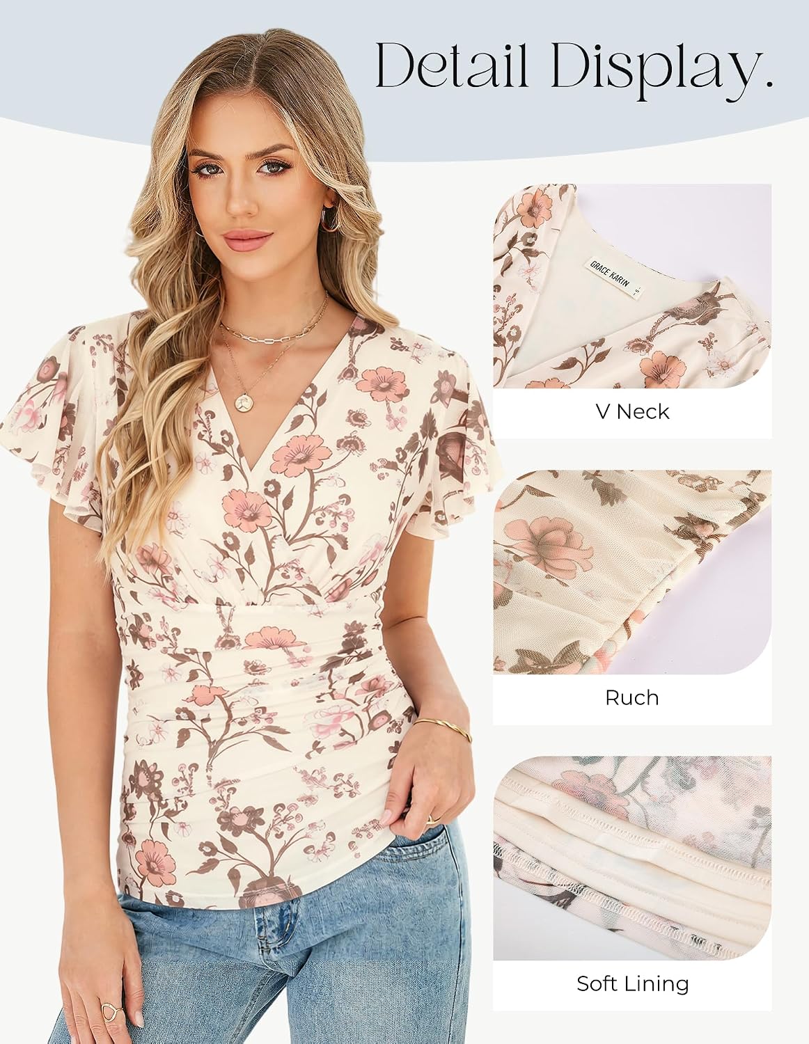 GRACE KARIN 2026 Womens Mesh Tops Summer Ruffle Sleeve Dressy Casual Top Floral Wrap Blouse Fashion Outfits