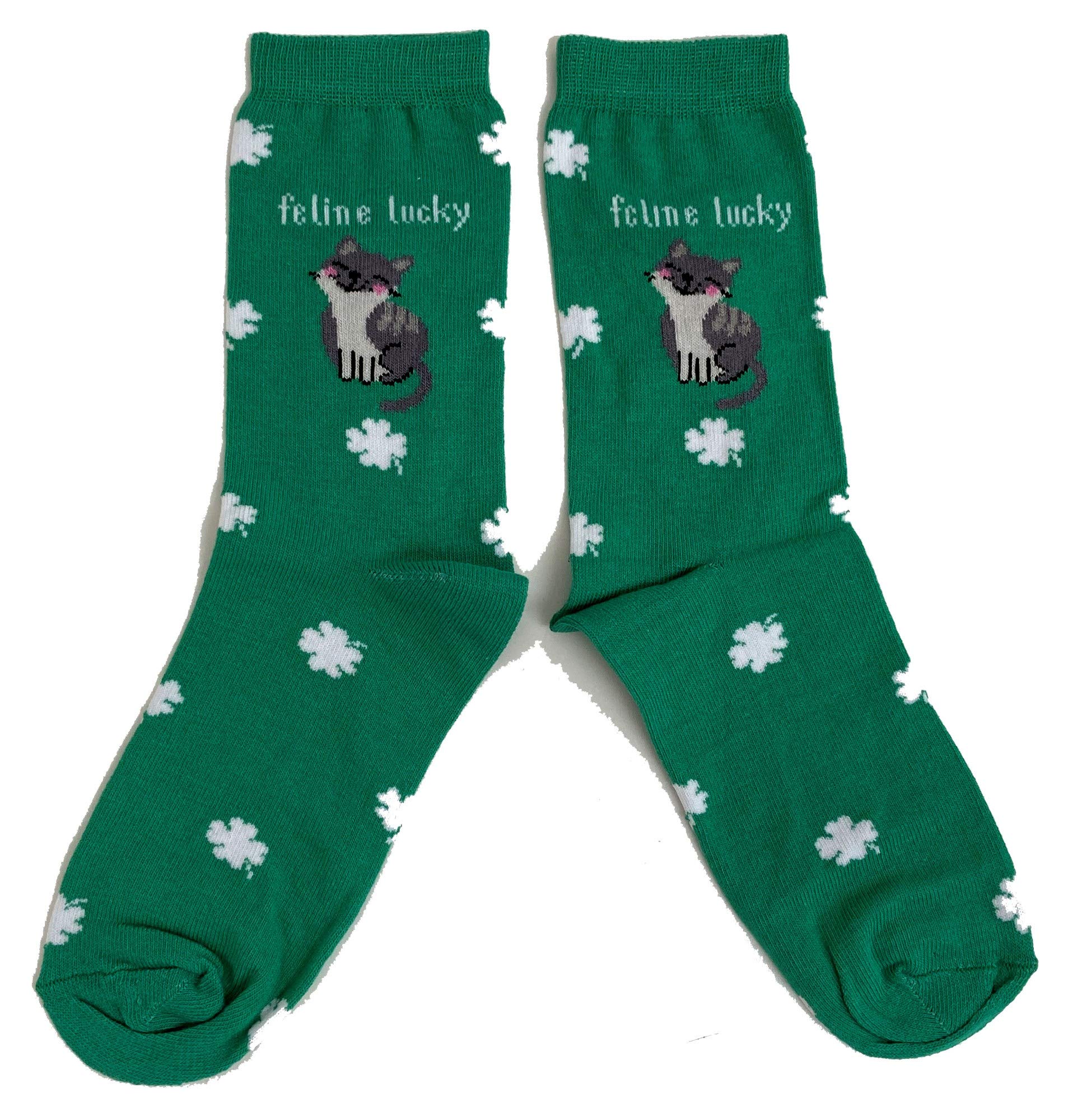 Sock Shack Ladies Green Shamrock Cat Feline Feeling Lucky Socks 4-8 UK/37-42 Eur/6-10 US