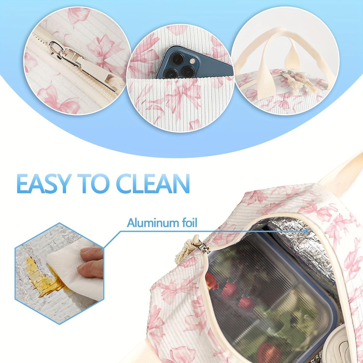 Lunch Box for Girls,Corduroy Lunch Bag for Women (Pink Bow) image 3
