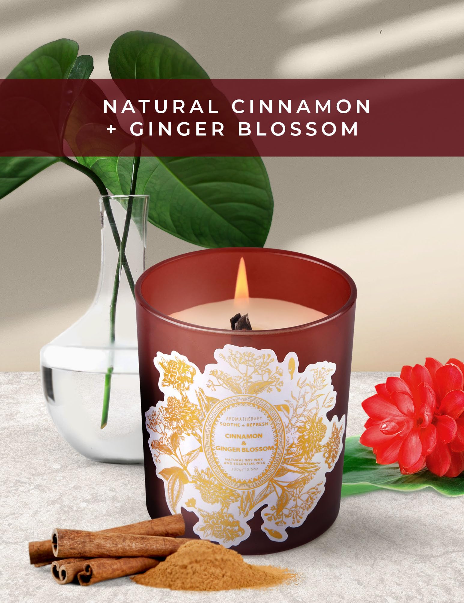 Cinnamon Ginger Blossom Candle - Highly Scented Candles for Home - Refreshing Cinnamon Ginger Flower Candles - Natural Soy Candles Wood Wick Clean Burn, Relaxing Scented Candles for Women & Men