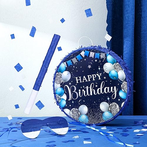 Miniatura 4 de Sinmoe Piñata de cumpleaños con palo vendados y confeti para niños, niñas, hombres y mujeres, suministros de fiesta de cumpleaños (azul y plateado)