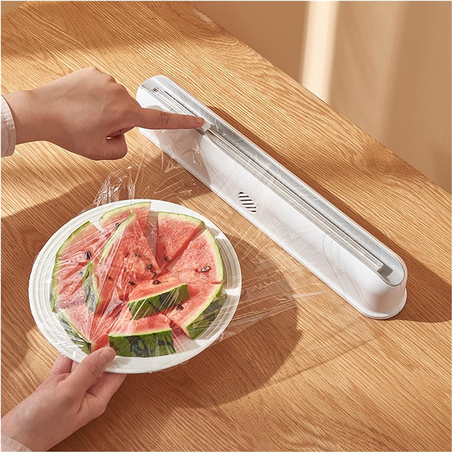 Cling Film Dispenser and Cutter + 3 Rolls of Plastic Wrap, Fresh Keeping Bag Keep Food Fresh, Universal Kitchen Wrap Seal Caps for Bowl Dish Plate Cutting
