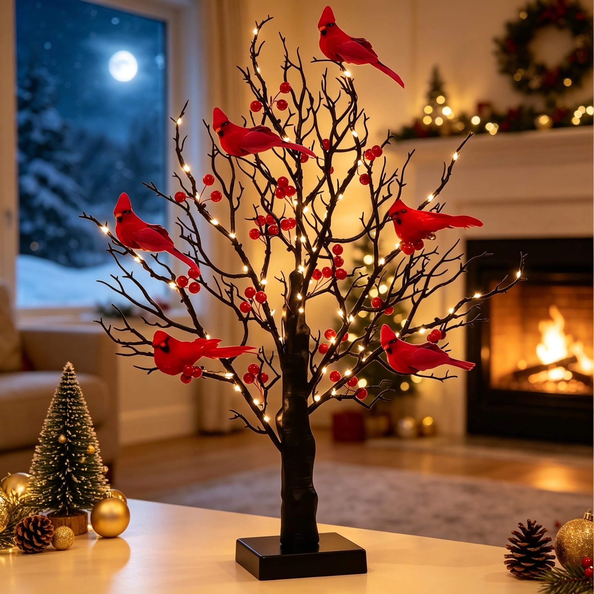 Christmas Red Fruit Six Red Birds Tree Light Birch Decor Lamp