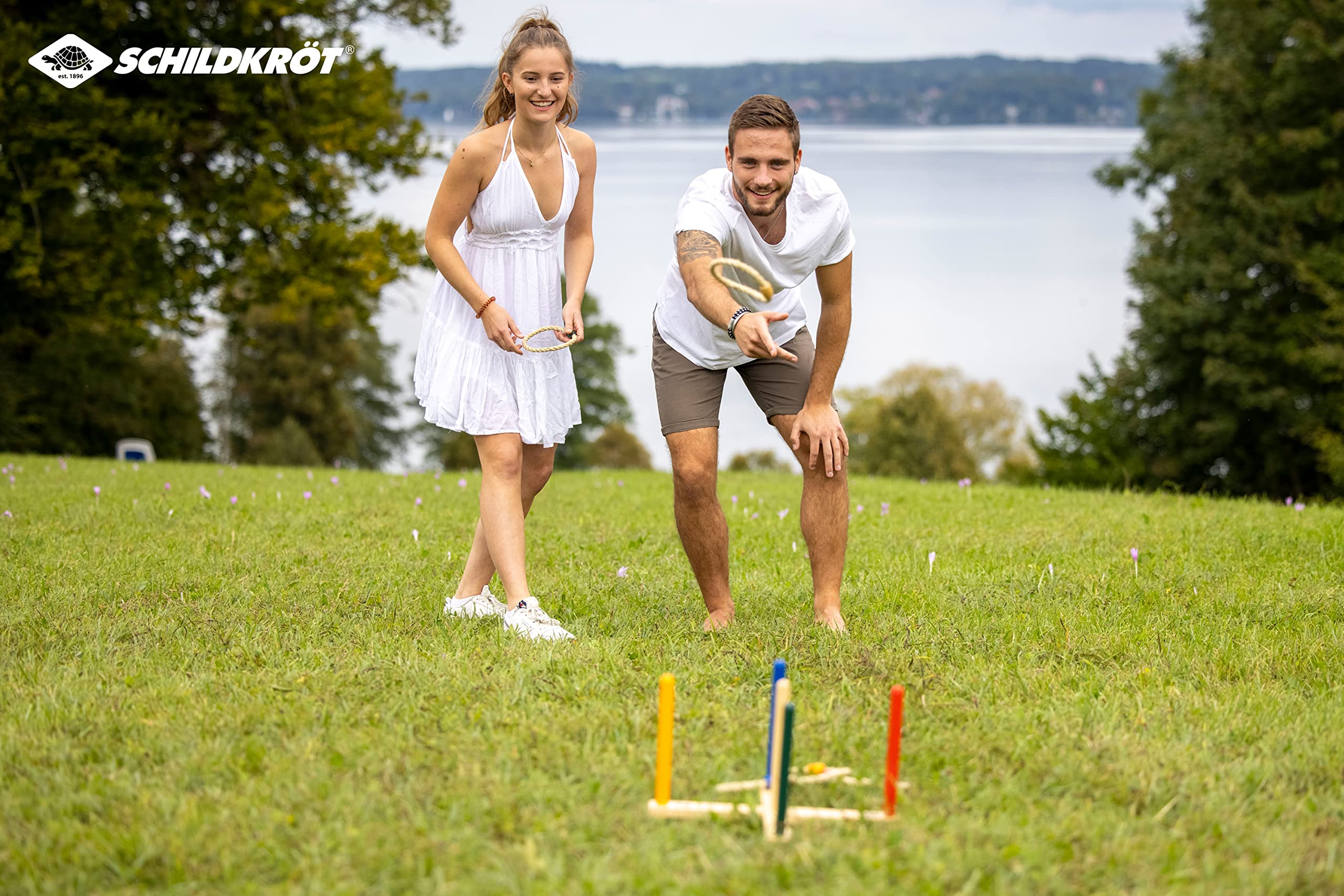 Schildkröt Ring Toss, Jeu de Lancer d'Anneaux, Ensemble en Bois Certifié FSC, 1 Base en Croix, 5 Anneaux, 970113