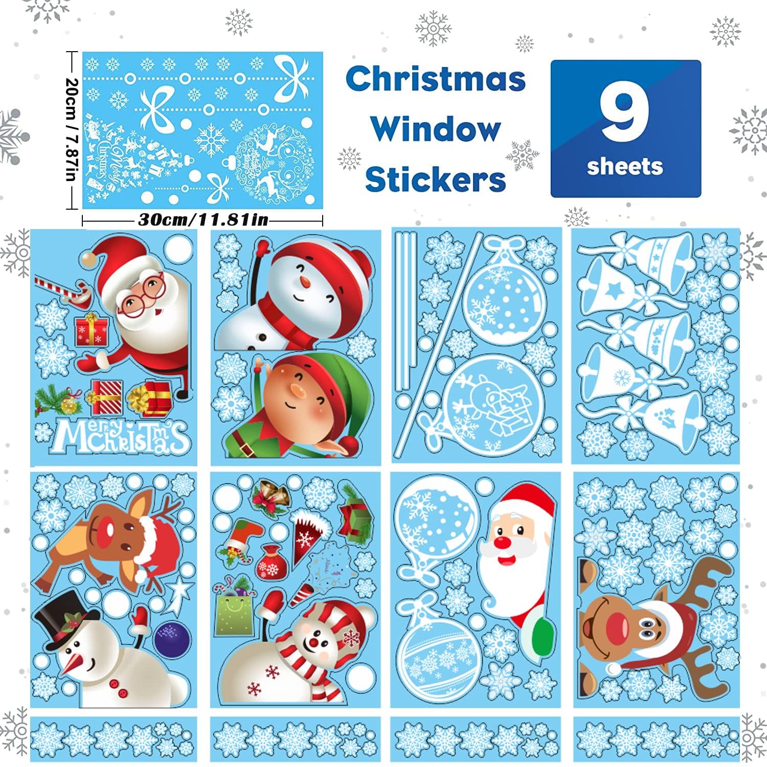 250 Stück Weihnachts-Fensterbilder Selbstklebend – 9 Bögen, Schneeflocken, Kugeln, Wiederverwendbar