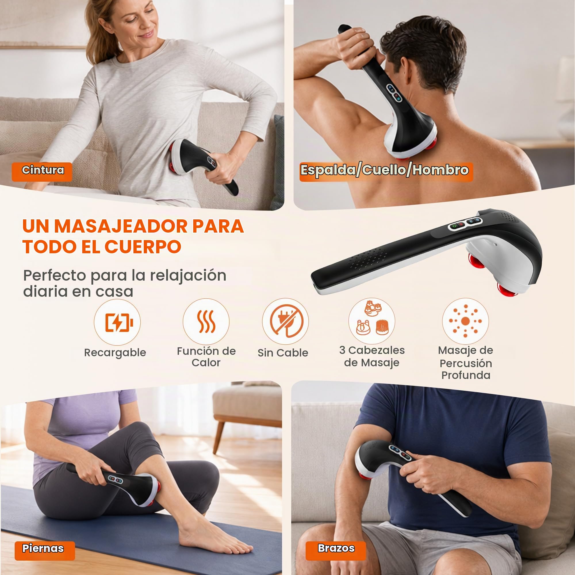 Snailax Masajeador de Mano Eléctrico para Espalda - masaje de percusión inalámbrico recargable con calor para espalda, masajeador portátil para aliviar el dolor, fatiga