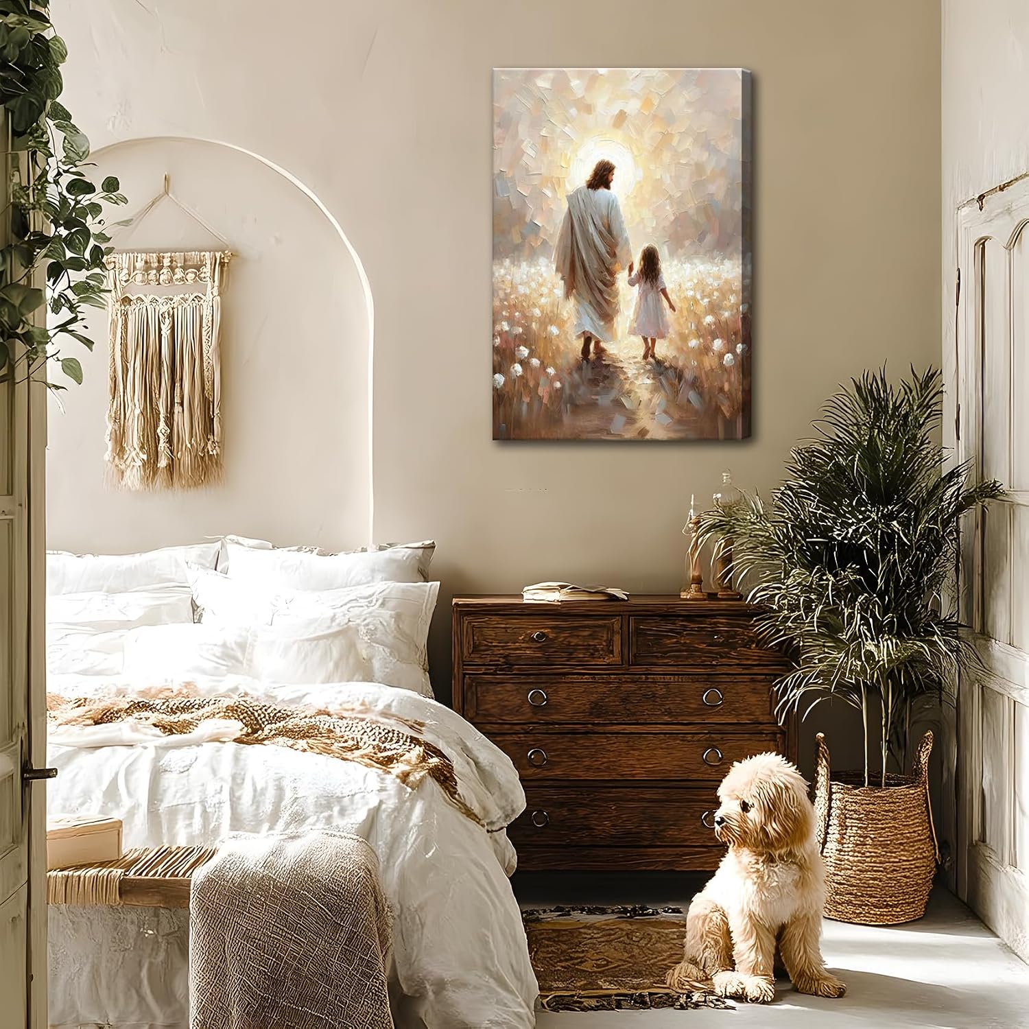 Jesus Walking with Girl Wall Art Christian Kids Room Wall Decor Jesus Children Prints Painting Christian Religious Artwork I Will Walk With Christ Prints for Girl Room Bedroom 16x24 Inch Ready to Hang