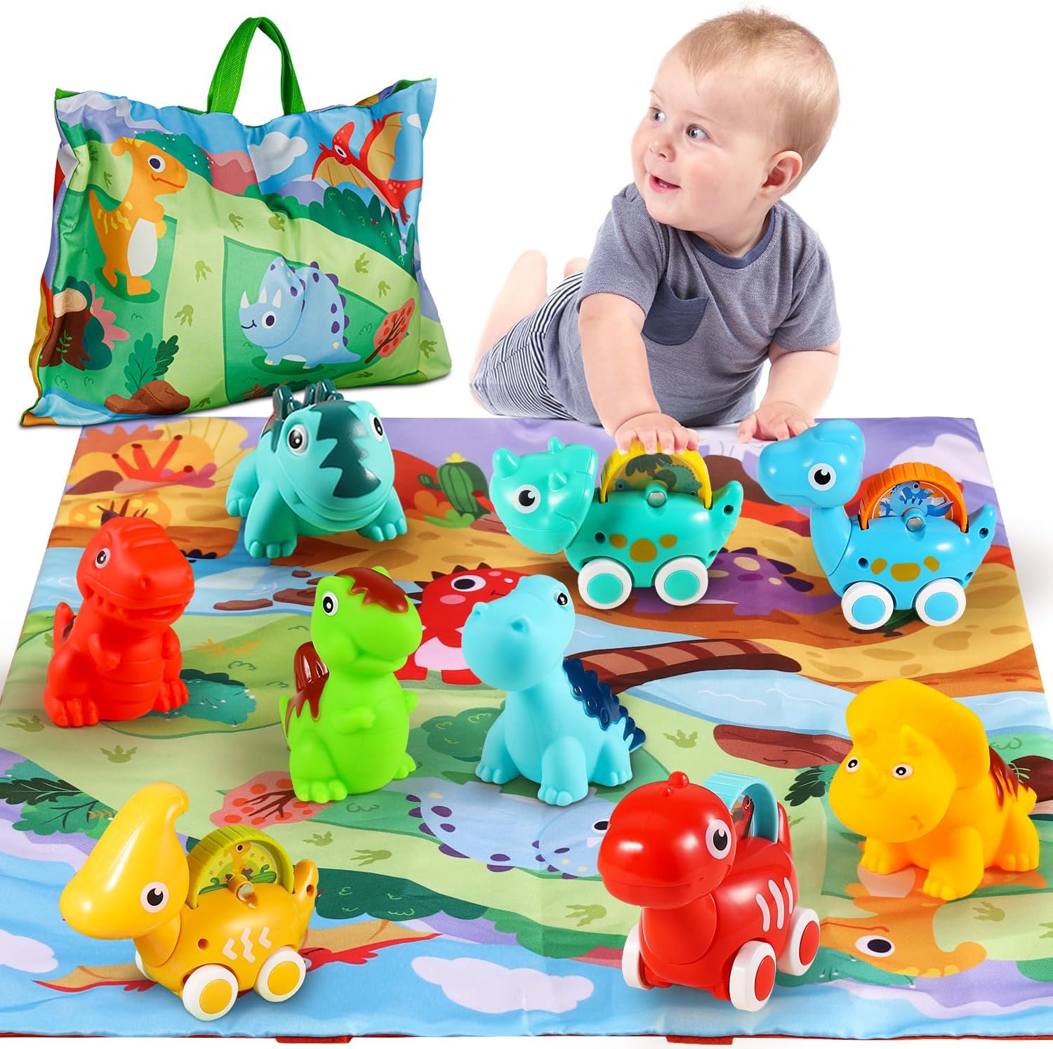 ALASOU Dinosaur Car Toys for 1 Year Old Boy Gifts with Playmat/Storage Bag