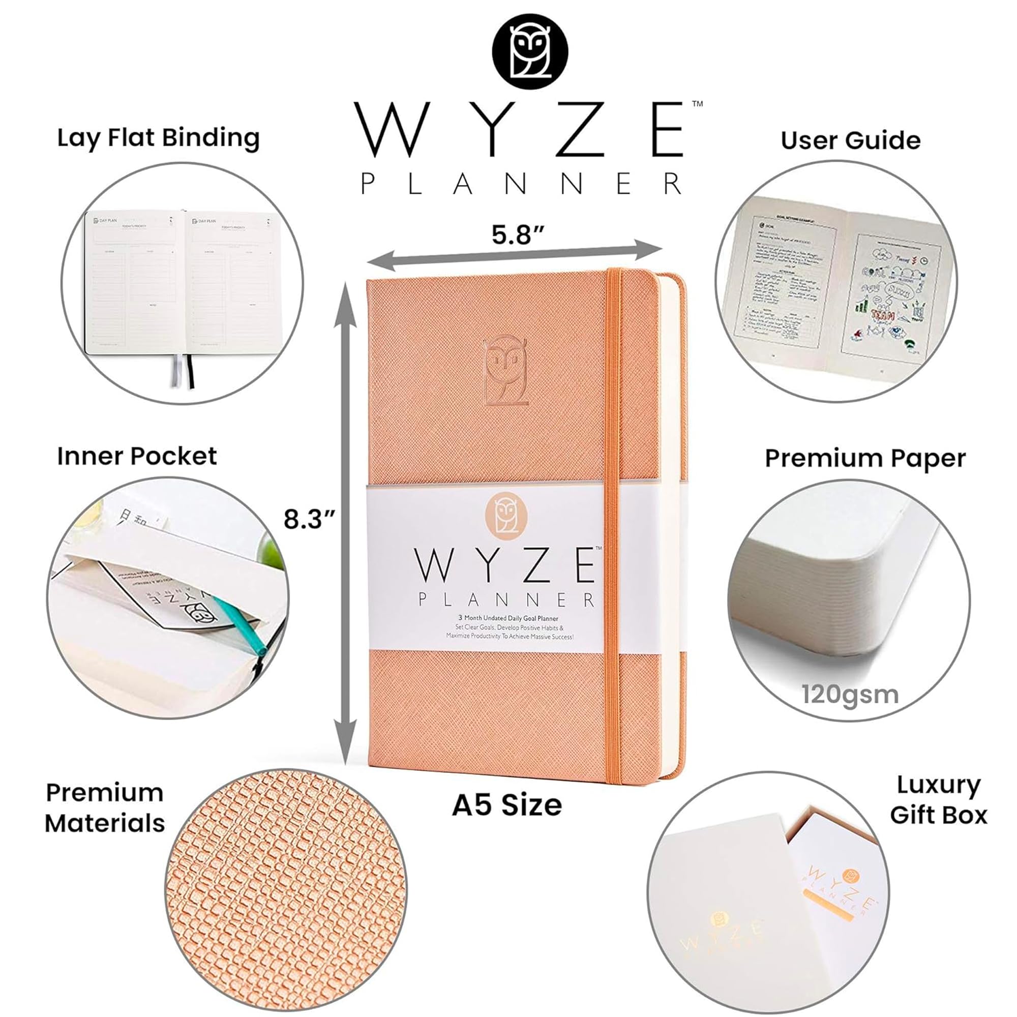 Wyze Planner Agenda giornaliera non datata, organizer per la produttività di 3 mesi, formato A5, con pagina intera al giorno, programma orario, impostazione obiettivi, tracker abitudini, pagine