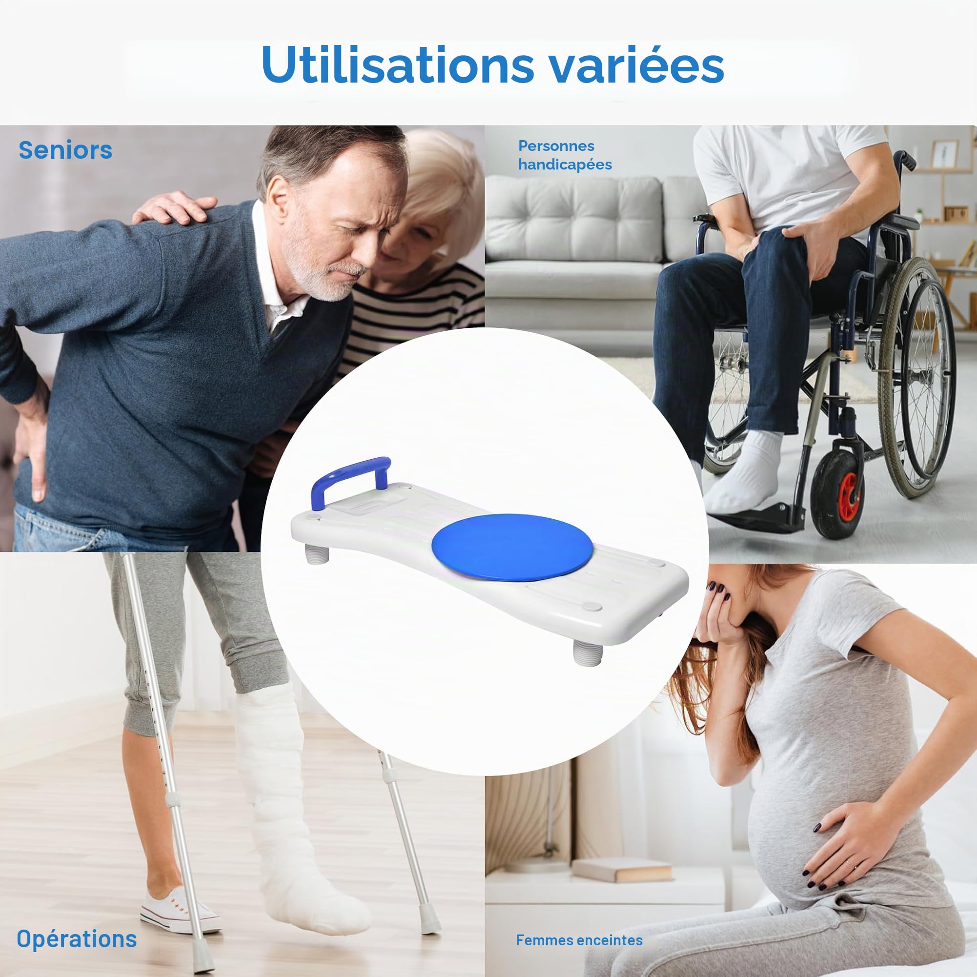 XMTECH Siège de baignoire pour personnes âgées - Planche de baignoire pour s'asseoir - Avec poignée ergonomique - Antidérapante - En plastique - Avec poignée bleue et plateau tournant