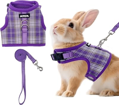 Bunny Harness and Leash Set Escape Proof - Magic Tape Design, Lightweight Plaid Pattern Mesh Padding, No Choke No Pull for Puppy Cat Rat Squirrel Ferret, Outdoor Walking Running, Purple S