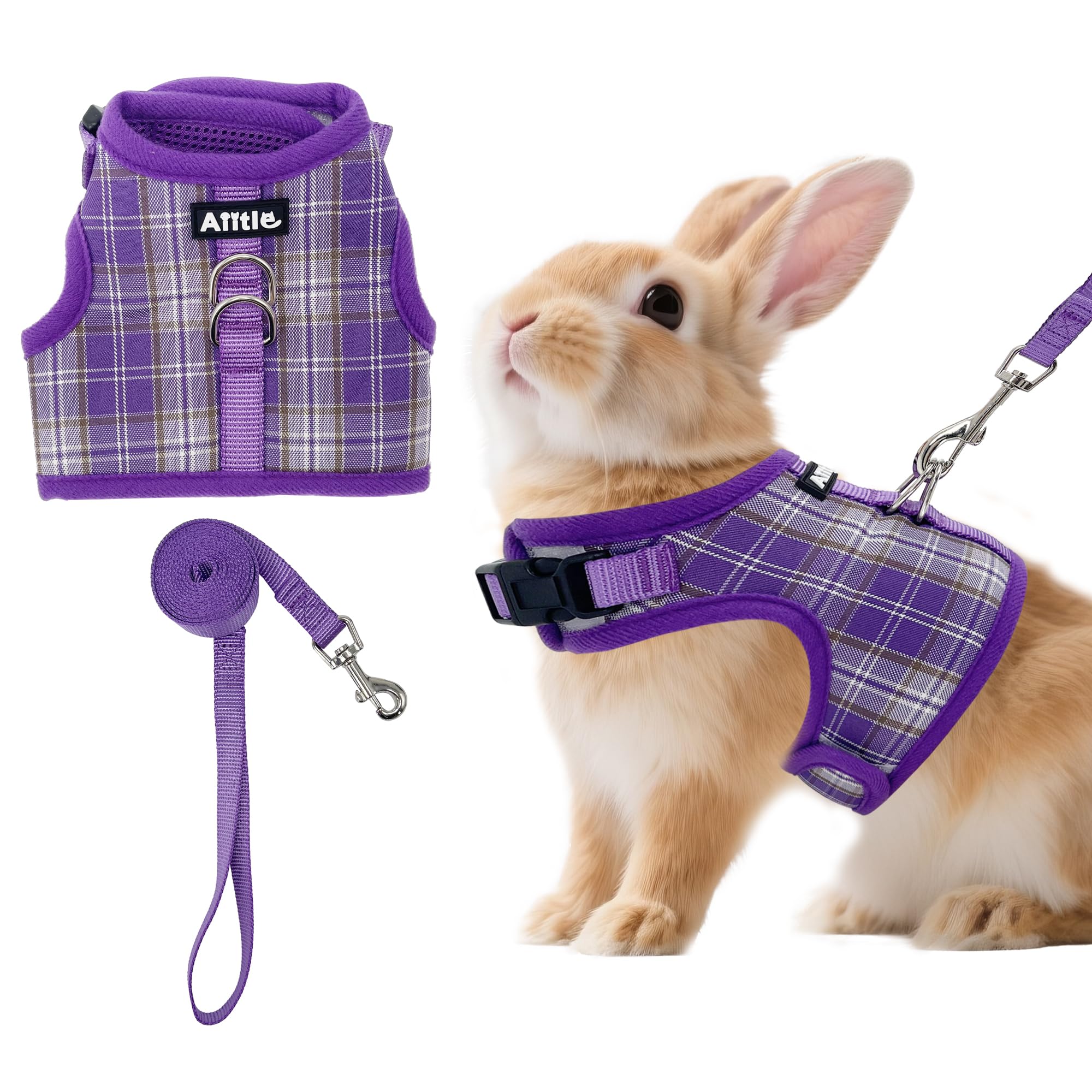 AIITLE Ensemble de harnais et laisse pour lapin anti-évasion - Design à ruban magique, rembourrage en maille à motif à carreaux léger, sans étouffement ni traction pour chiot, chat, rat, écureuil