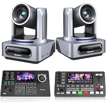 Tenveo 4K NDI PTZ Camera and Controller Bundle/Kit, 4K 20X AI Tracking NDI/SDI/HDMI/USB3.0/LAN/PoE PTZ Camera2PCS, NDI PTZ Controller 5 LCD Screen and Video Switcher Mixer for Live Streaming