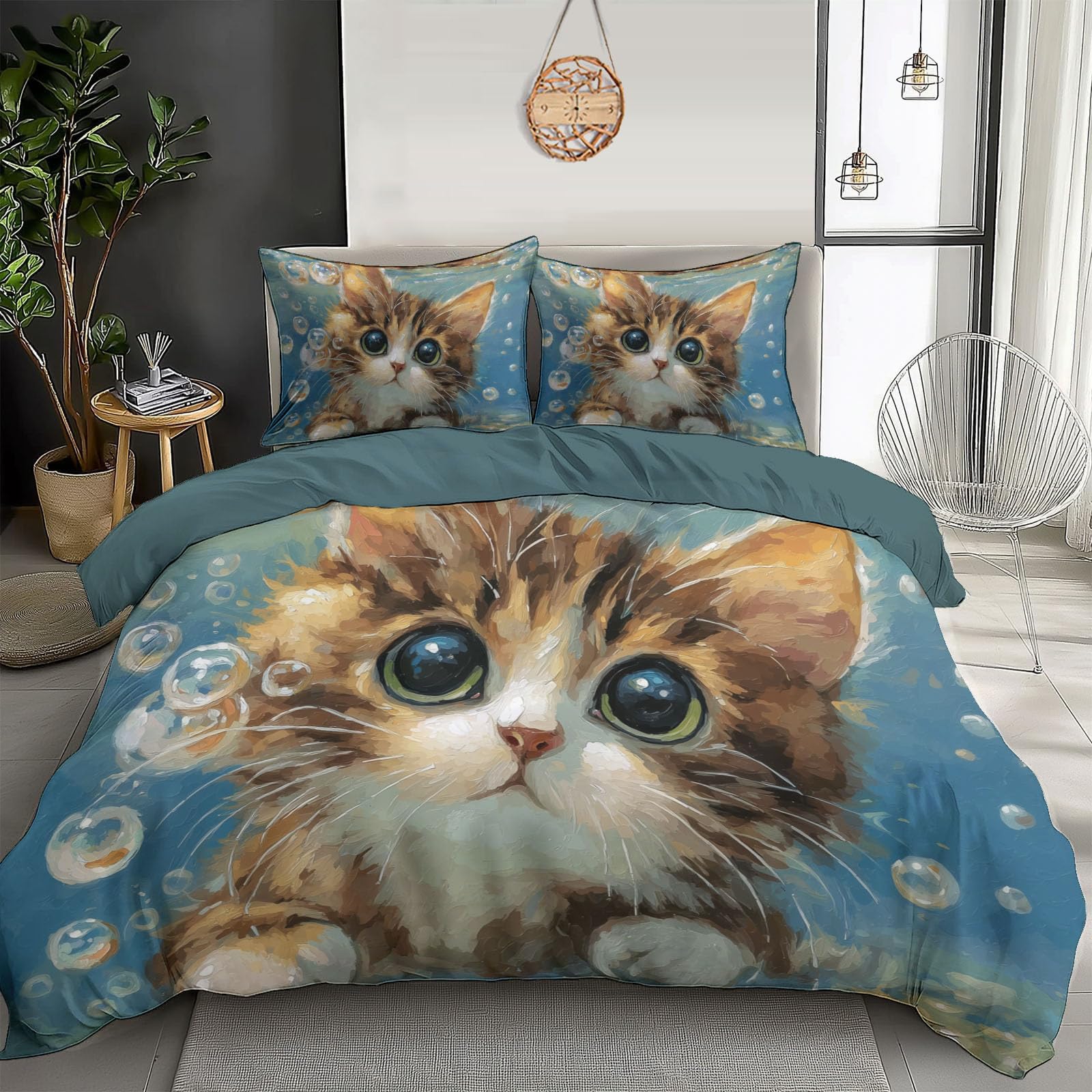 Housse de couette 200x200 chat parure de lit 3 pièces avec fermeture éclair