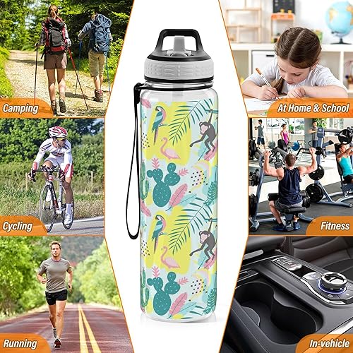 Miniatura 7 de JUNZAN Toucan Flamingo Parrot Monkey Cactus and Exotic Leaves - Botellas de agua deportivas de 32 onzas con pajilla, botella de agua de plástico