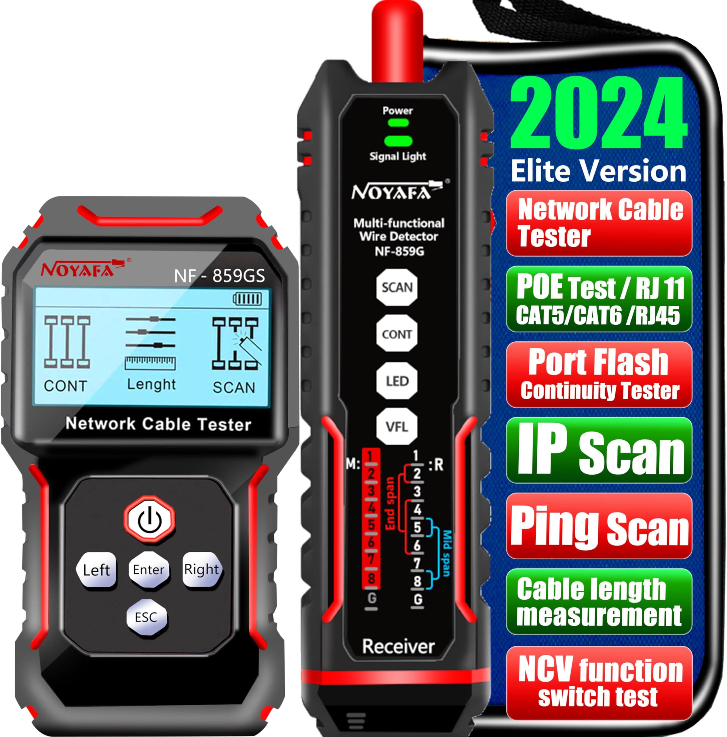 NOYAFANF-859GS Network Cable Tester with Double-Ended red Light Pen 10mw Visual Fault Locator,for POE RJ45 RJ11 CAT5 CAT6 Cable Toner Continuity Test/Length Measure Fault Distance/Wire Tracer