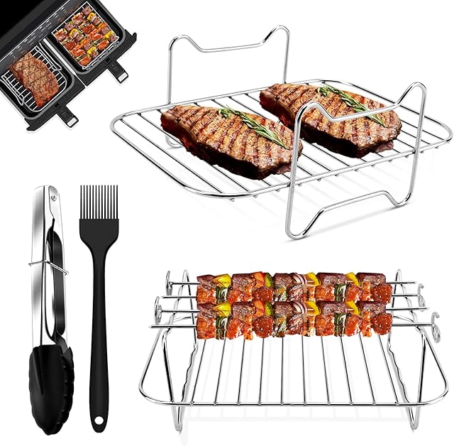Auniq Air Fryer Rack for Ninja Dual Air Fryer, 2Pcs Layered Dehydrator Rack with 4 Skewers, Brush & Clip, 304 Stainless Steel Grilling Rack Air Fryer Accessories for Double Basket Air Fryers (8 Pack)