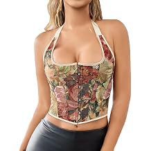 Mealah Womens Sexy Gothic-Halter Bustier-Corset Tops - Vintage Floral With Buckle Lace-Up-Boned Overbust Corsets Top
