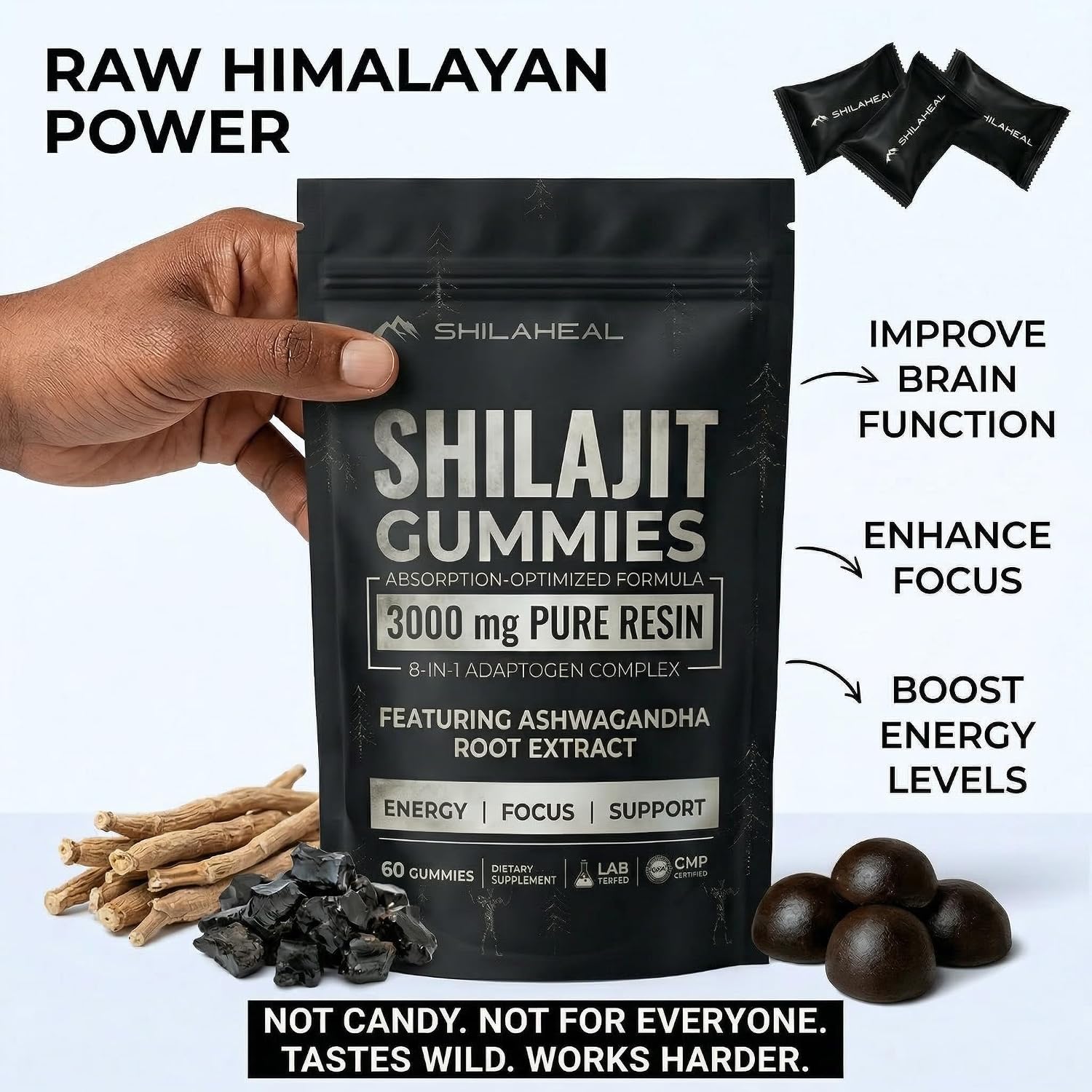 Shilajit Natural Himalayan Shilajit Gummies for Men & Women, High Fulvic Acid, Energy & Stamina, Immune Support, 85+ Trace Minerals, Lab Tested 100% Organic Berry, 60 Gummies