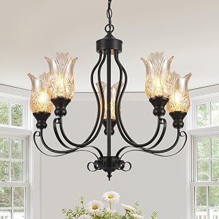 5-Light Modern Farmhouse Chandeliers for Dinning Room, Vintage Black Kitchen Chandeliers Over Table, Industrial Hanging Light Fixture for Entryway Living Room Bedroom, Amber Glass Shade