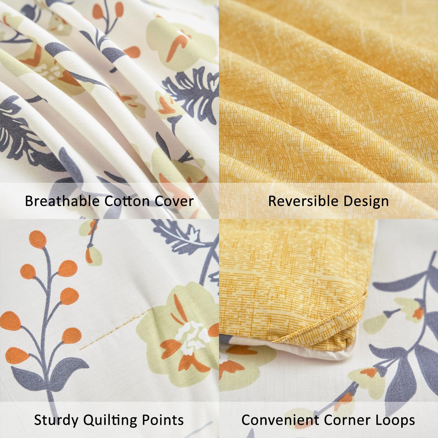Yellow Floral Cotton Comforter King Size - Orange, Blue & Slate Gray Botanical Pattern on Off White, Reversible Design, 3PC Lightweight Bedding Set with Soft Alternative Fill (King) - Image 5
