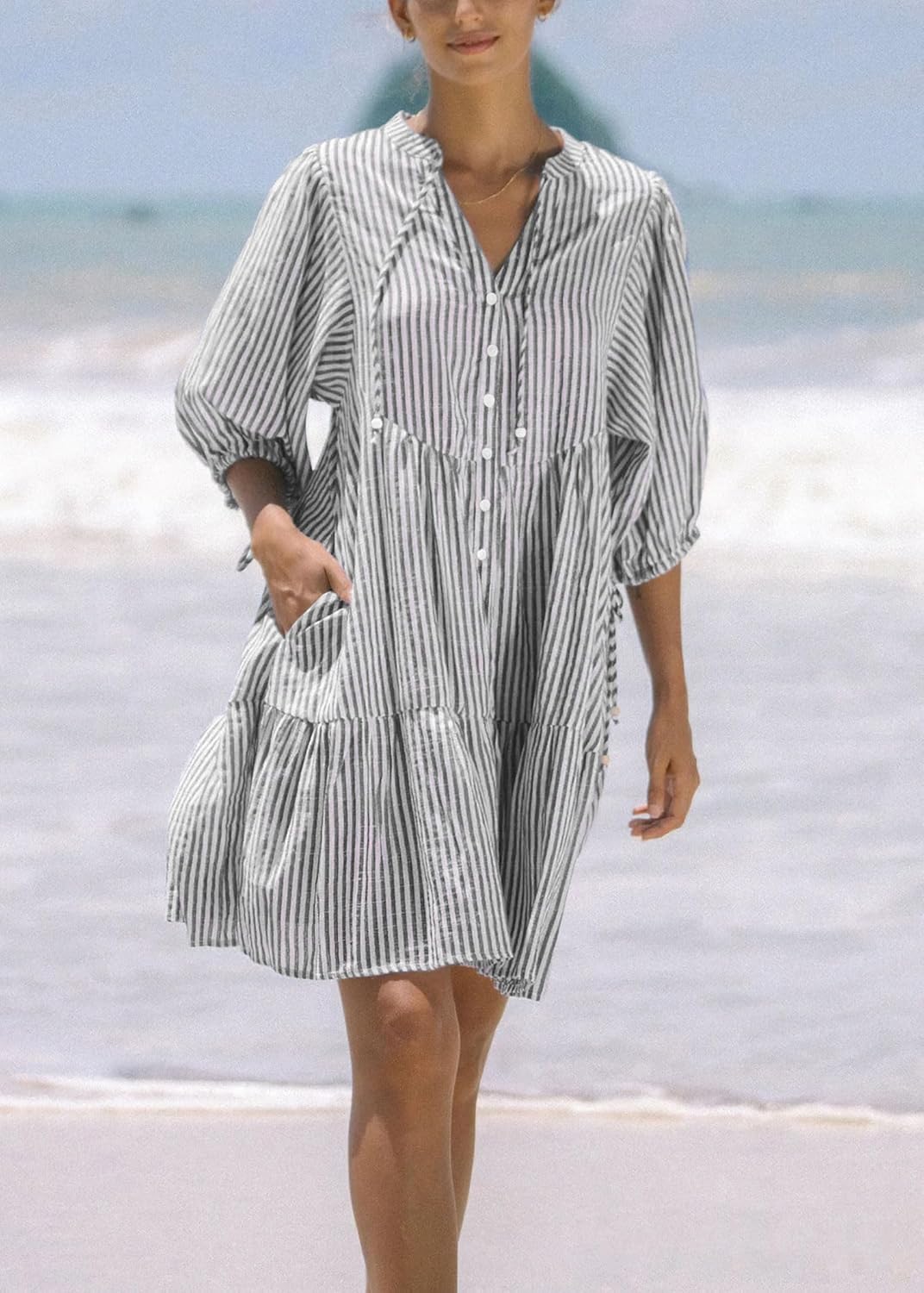 chouyatou Women's Summer V-Neck Casual Striped Midi Shirt Dress Tiered Boho Beach Tunic Babydoll Dress - Image 2
