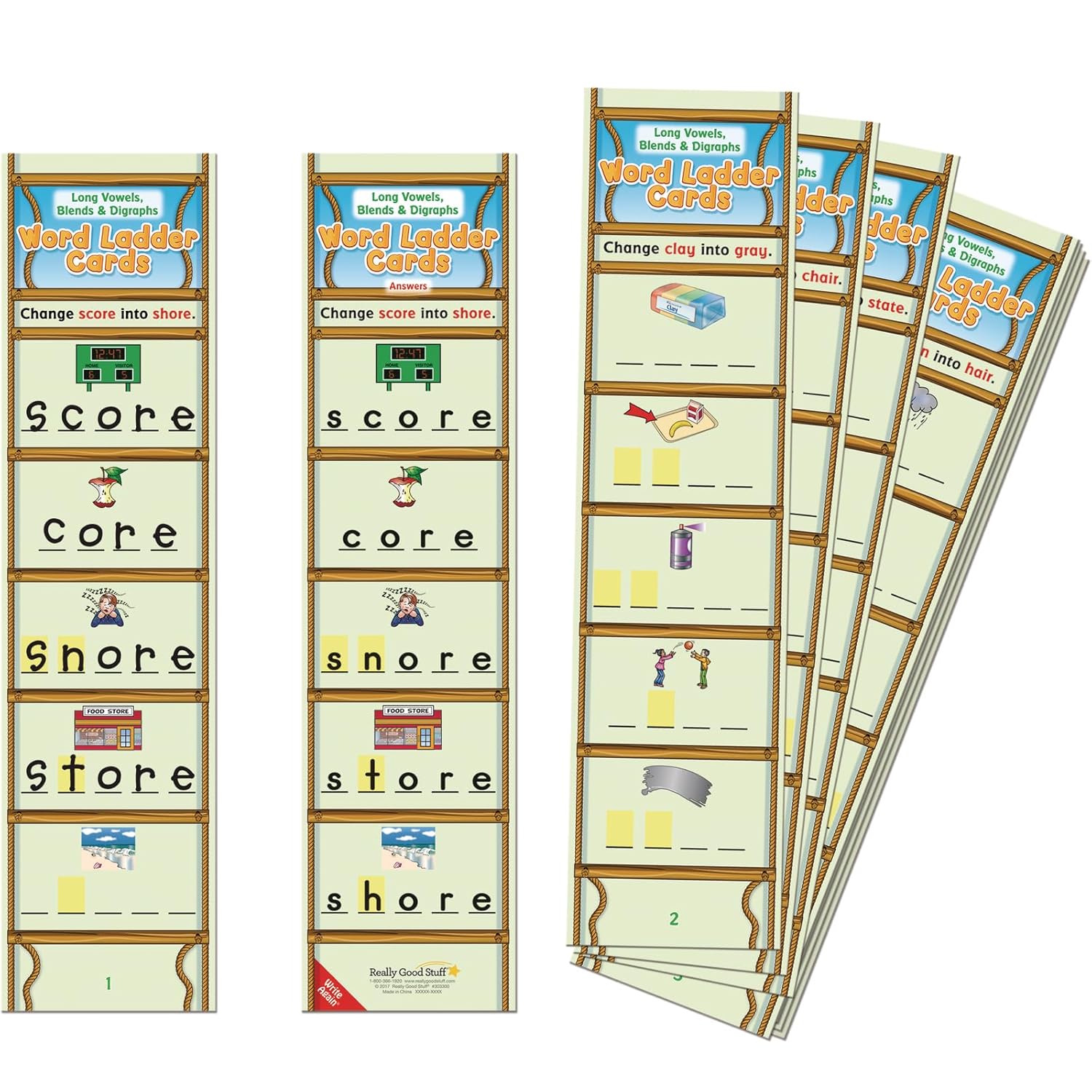 Really Good Stuff Long Vowels, Blends Digraphs Word Ladder Cards