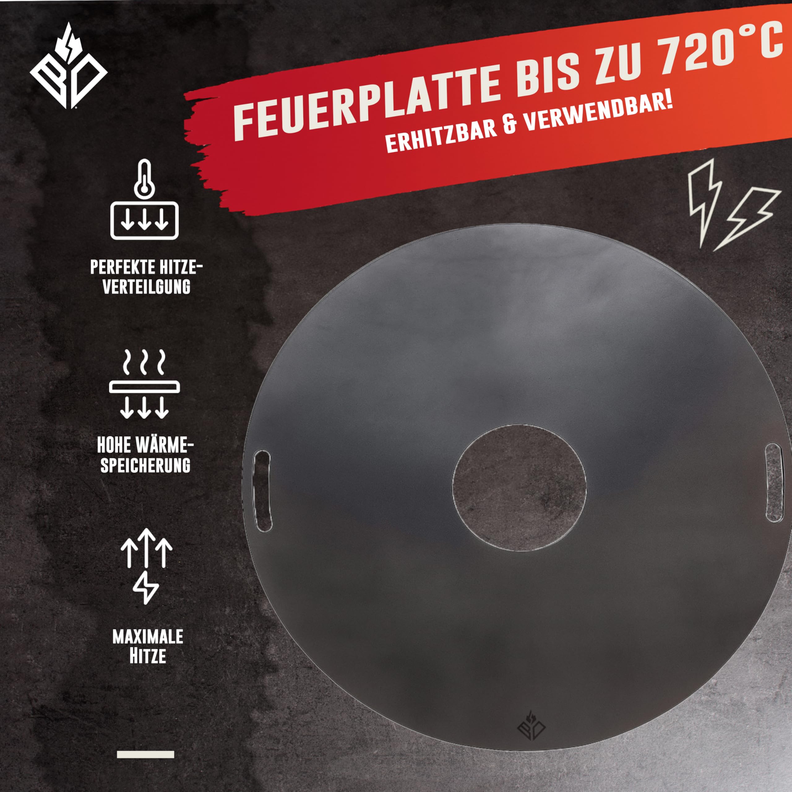 Feuerplatte für Feuertonne & Kugelgrill ⌀ 80cm (Made IN Europe) aus legiertem Stahl (6mm Stärke) - Grillplatte & Grillaufsatz (rund) mit Feuerloch & Handgriffe - BBQ Grillring