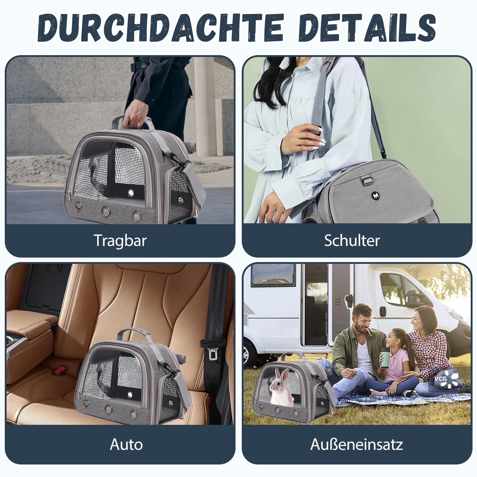 Transportbox Katze, Elegante Transporttasche für Haustiere, Transportbox Kaninchen, Hamster transportbox, Meerschweinchen-Tragetasche, Faltbar und Atmungsaktiv (Grau)