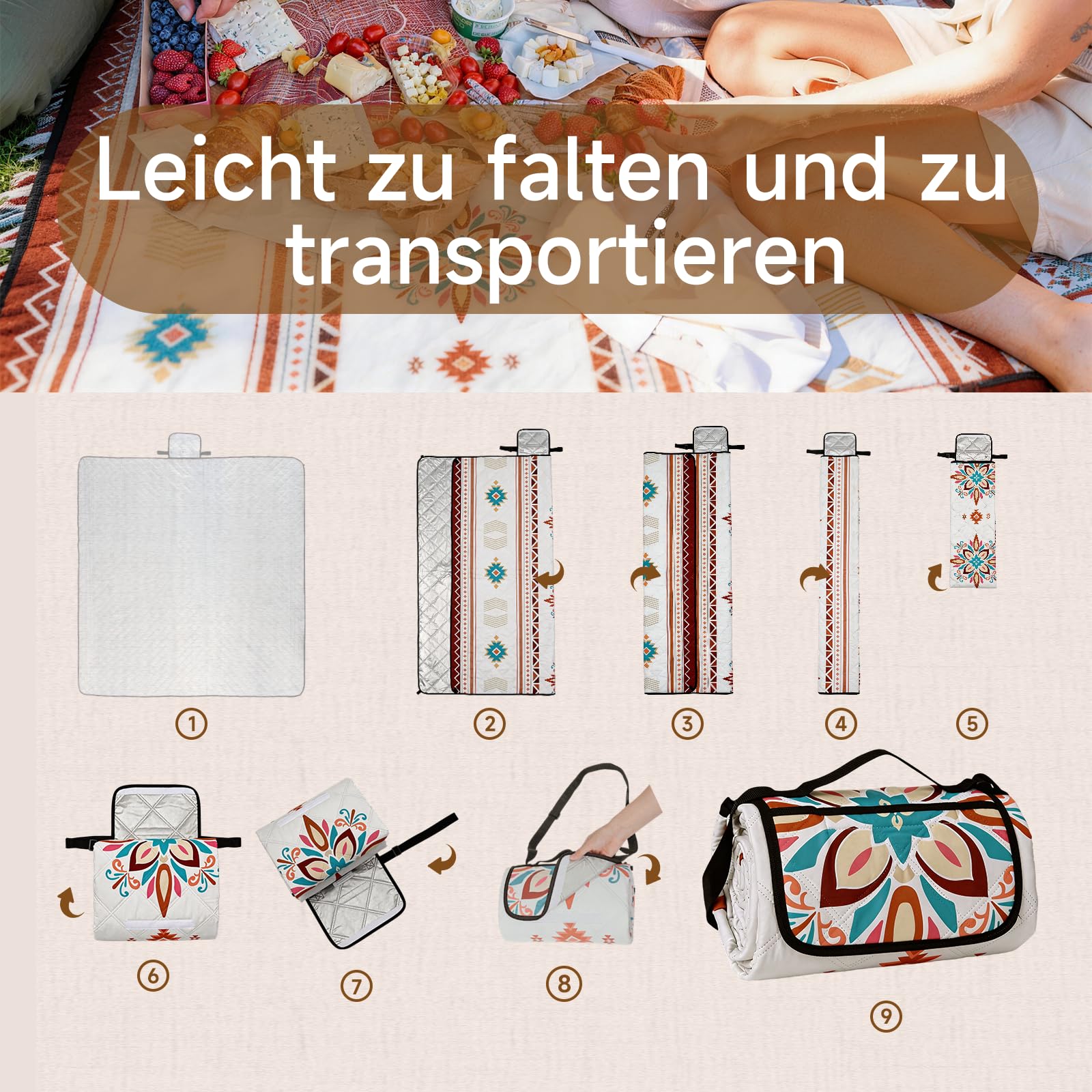 HAUSPROFI Picknickdecke Wasserdicht & Isoliert 200x200 cm Große Picknick Decke mit 3 Lagen Camping Decke Reißfest, 4 Heringe mit Tragegriff & Schultergurt Maschinenwaschbar für Strand, Park, Camping