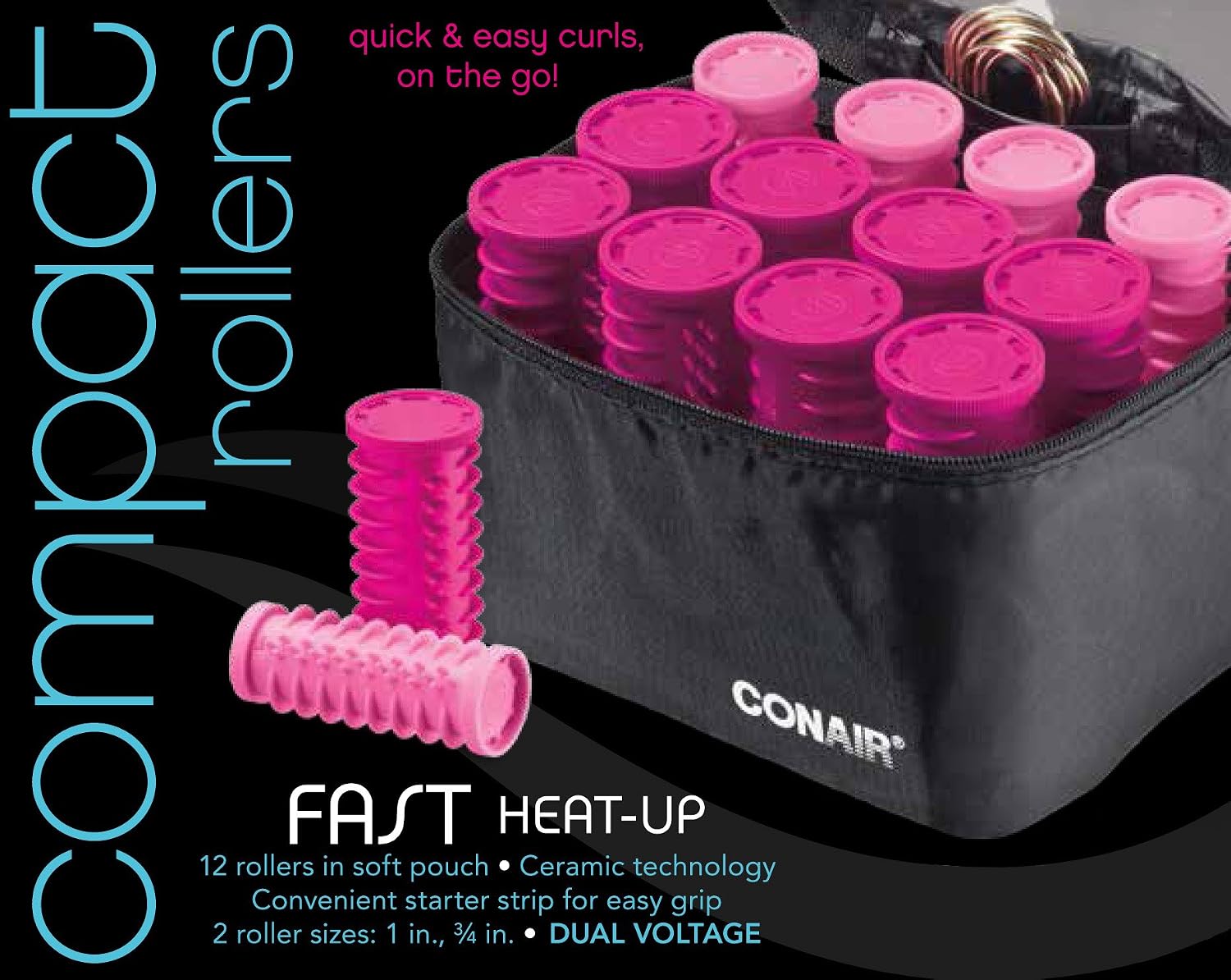 Conair Instant Heat Compact Hot Rollers w/Ceramic Techology; Black Case with Pink Rollers