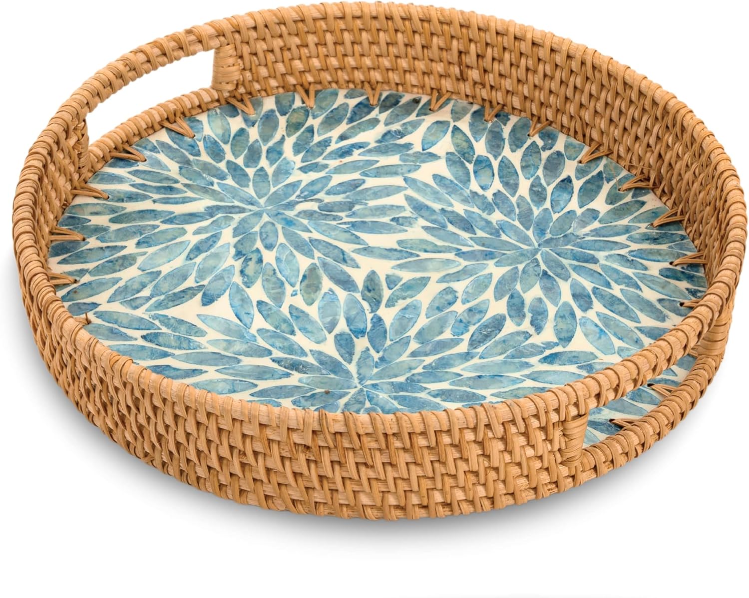 KOLWOVEN Round Rattan Tray with Handle, Rattan Serving Tray with Mother of Pearl Inlay Wooden Base, Decorative Wicker Basket for Table Decor (Blue Flower)