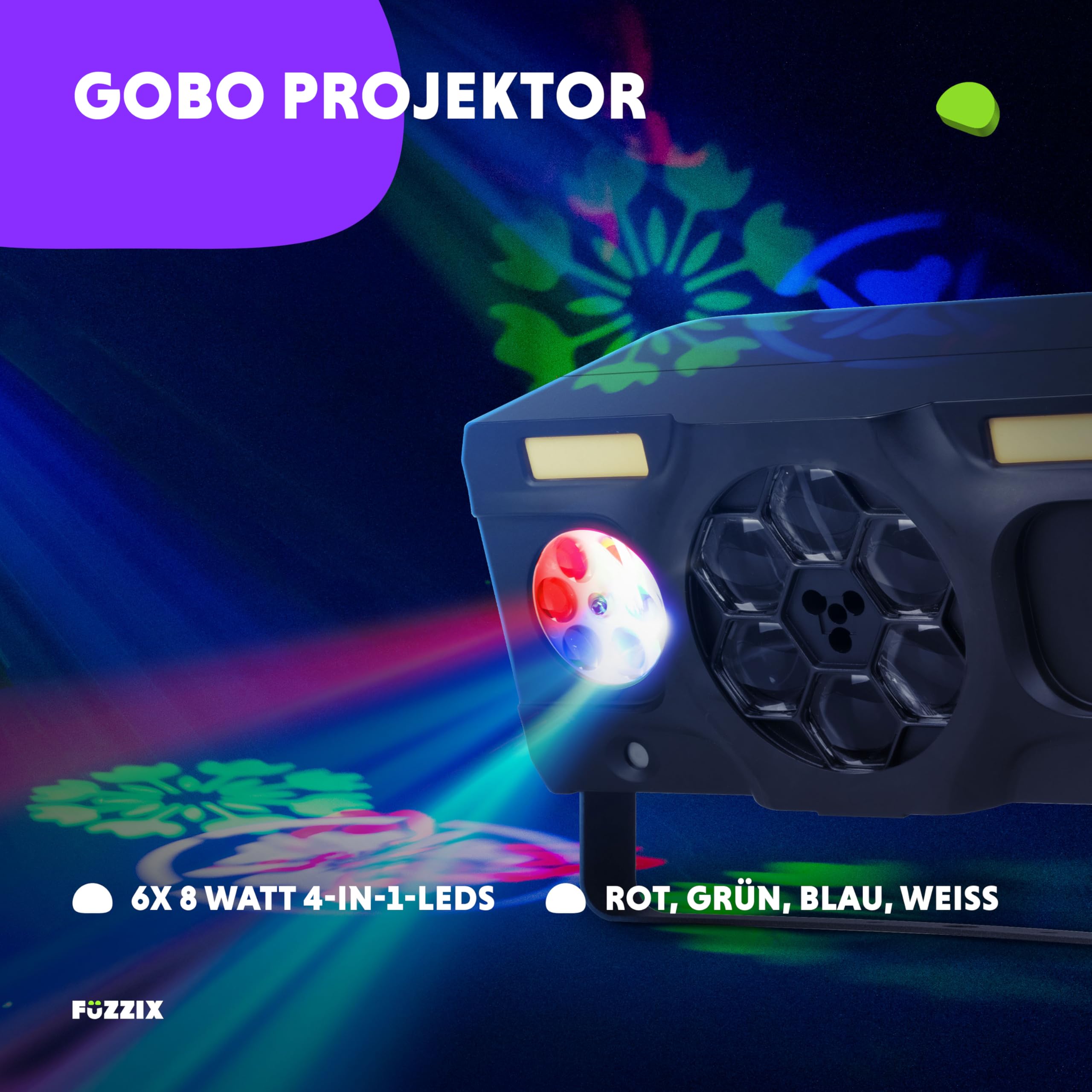 Fuzzix Stellar2 LED Discolicht Partylicht | 5-in-1 Lichtorgel Musikgesteuert LED mit RGBW Gobos, Bee-Eye Effekt & Doppel-Stroboskop | Disco Licht mit DMX Steuerung, Fernbedienung & Montagebügel