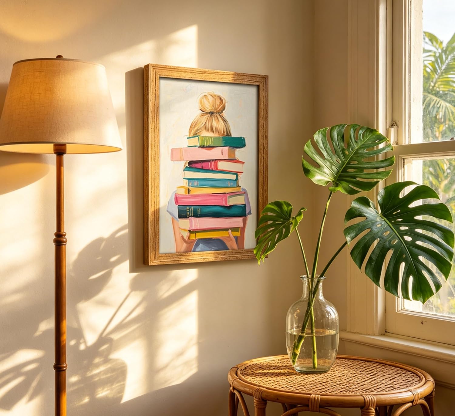 Framed Book Lover Girl Wall Art, Girl Reading Stack of Books Wall Decor, Watercolor Reader Illustration, Cute Blonde Bun Bookish Poster Artwork, for Study Room Library Bedroom home decoration, 8X10in image 2