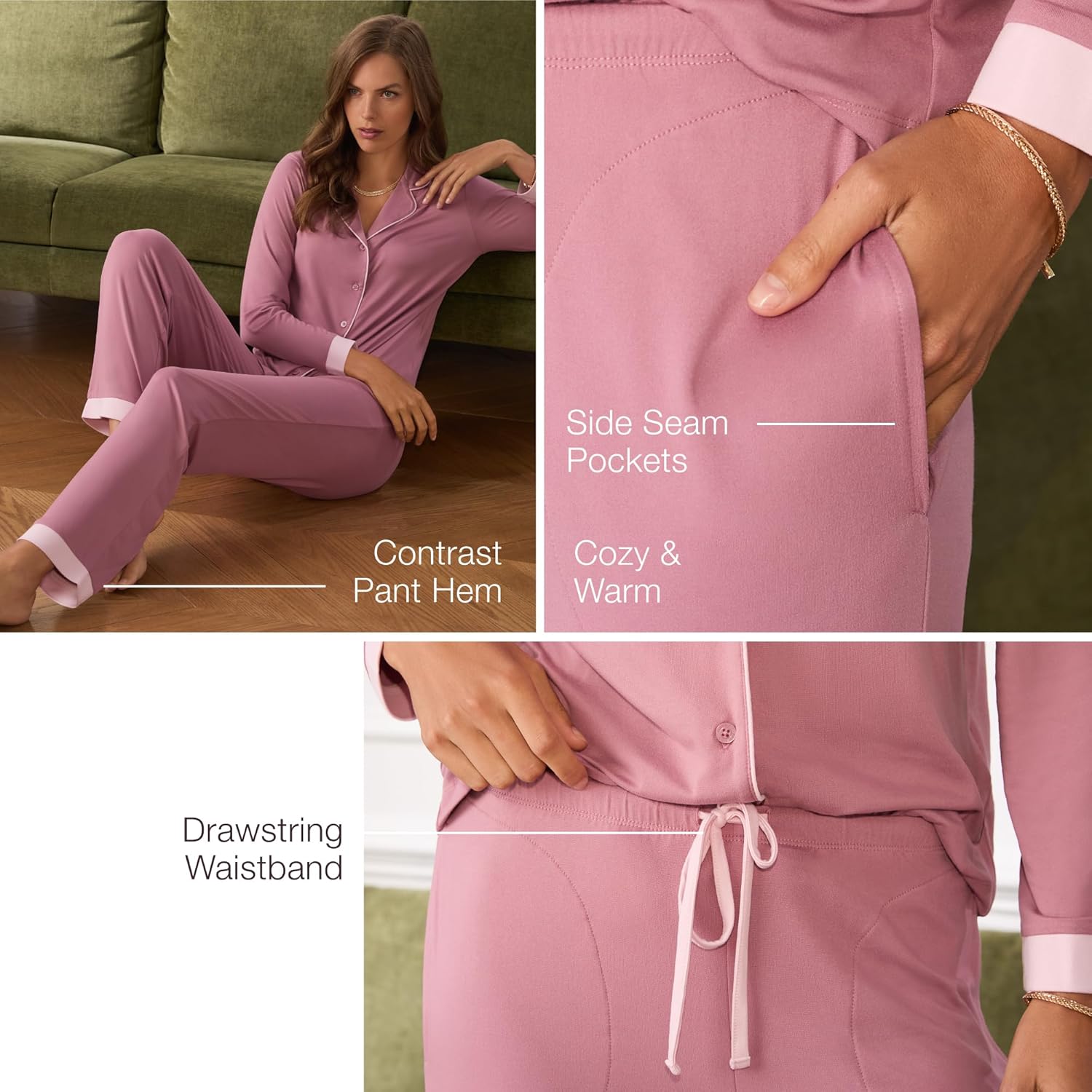 Anne Klein Womens Long Sleeve Button Down Pajama Top & Relaxed Pant Set - Soft Sweater Knit - Cozy Sleepwear & Loungewear PJs - Image 4