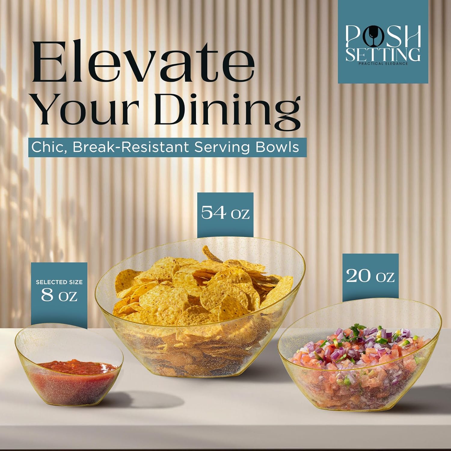 Posh Setting Gold Plastic Serving Bowls - Angled, Disposable for Chips, Candy, Salad, Fruit - Wedding and Party Table - Gold Glitter, 8 OZ, 5 Pack - Image 3